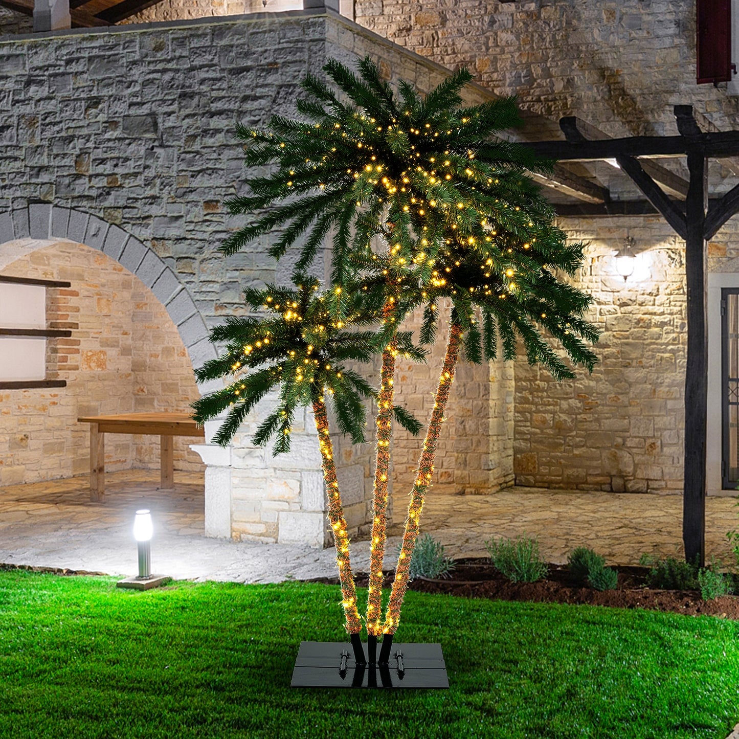 Pre-Lit Artificial Palm Tree with 930 Warm White LED Lights, 157 Branch Tips & Sturdy Metal Base