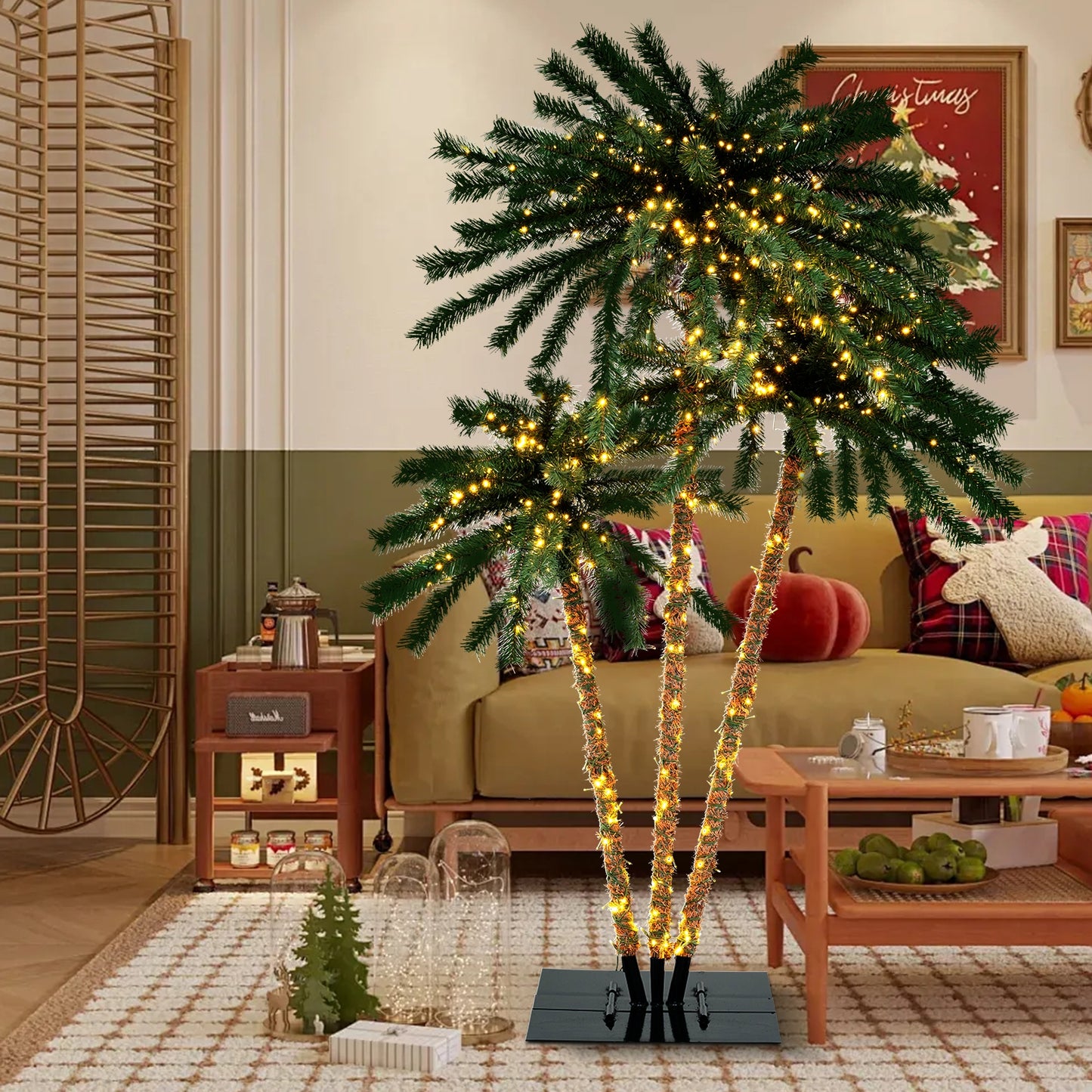 Pre-Lit Artificial Palm Tree with 930 Warm White LED Lights, 157 Branch Tips & Sturdy Metal Base