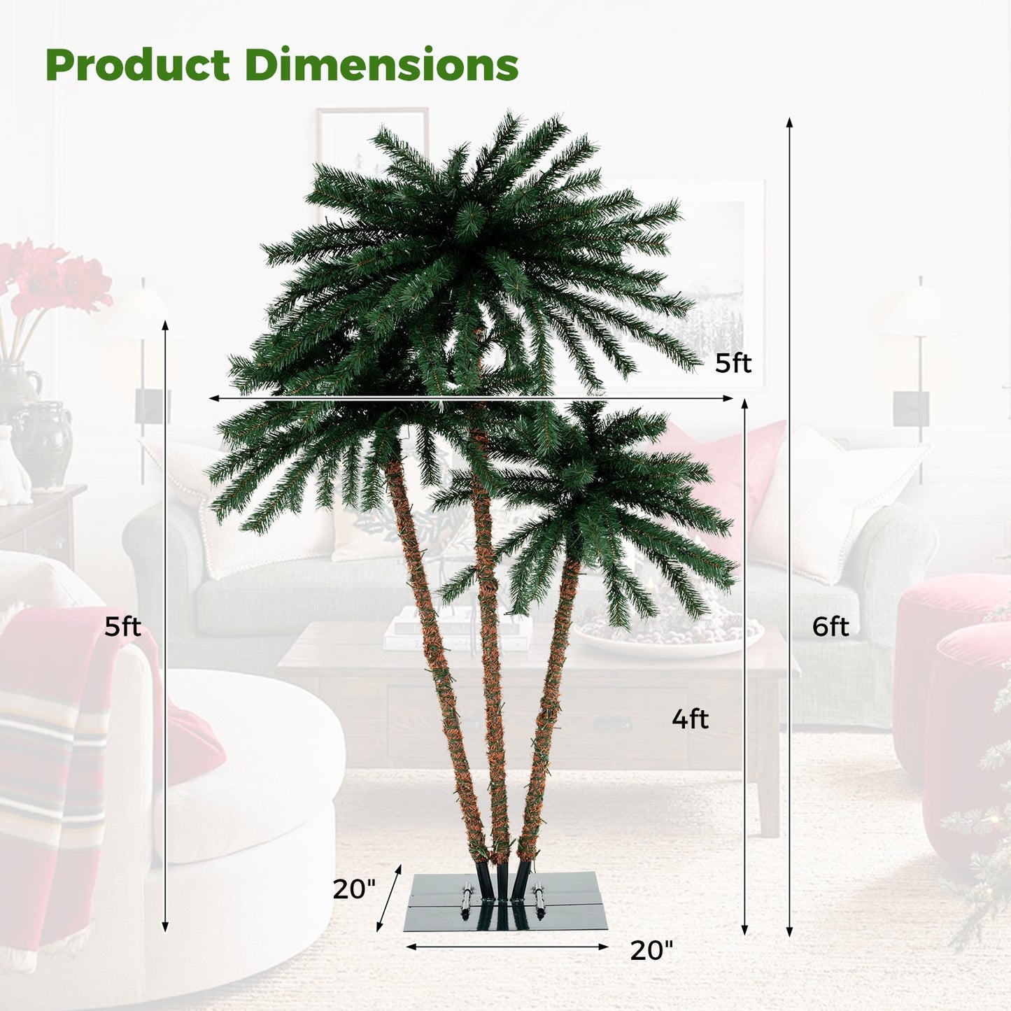 Pre-Lit Artificial Palm Tree with 930 Warm White LED Lights, 157 Branch Tips & Sturdy Metal Base