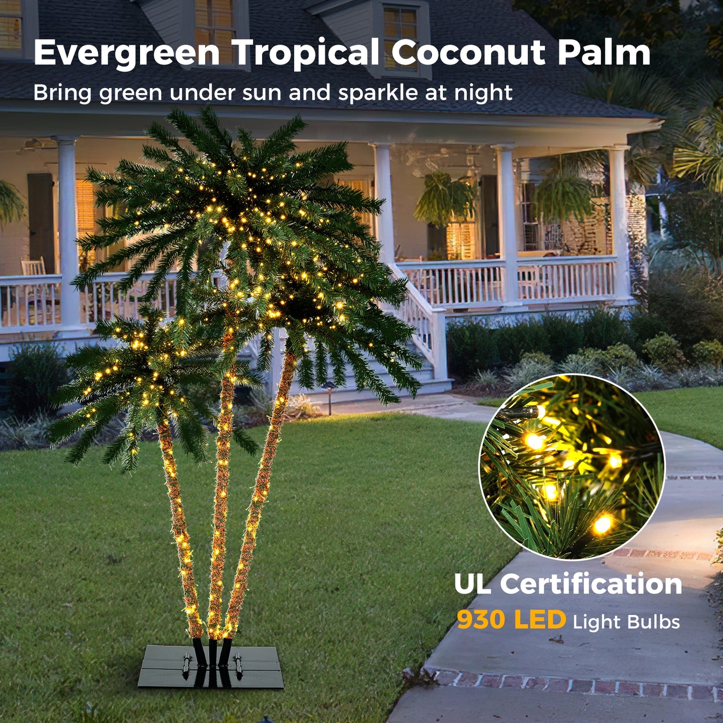 Pre-Lit Artificial Palm Tree with 930 Warm White LED Lights, 157 Branch Tips & Sturdy Metal Base
