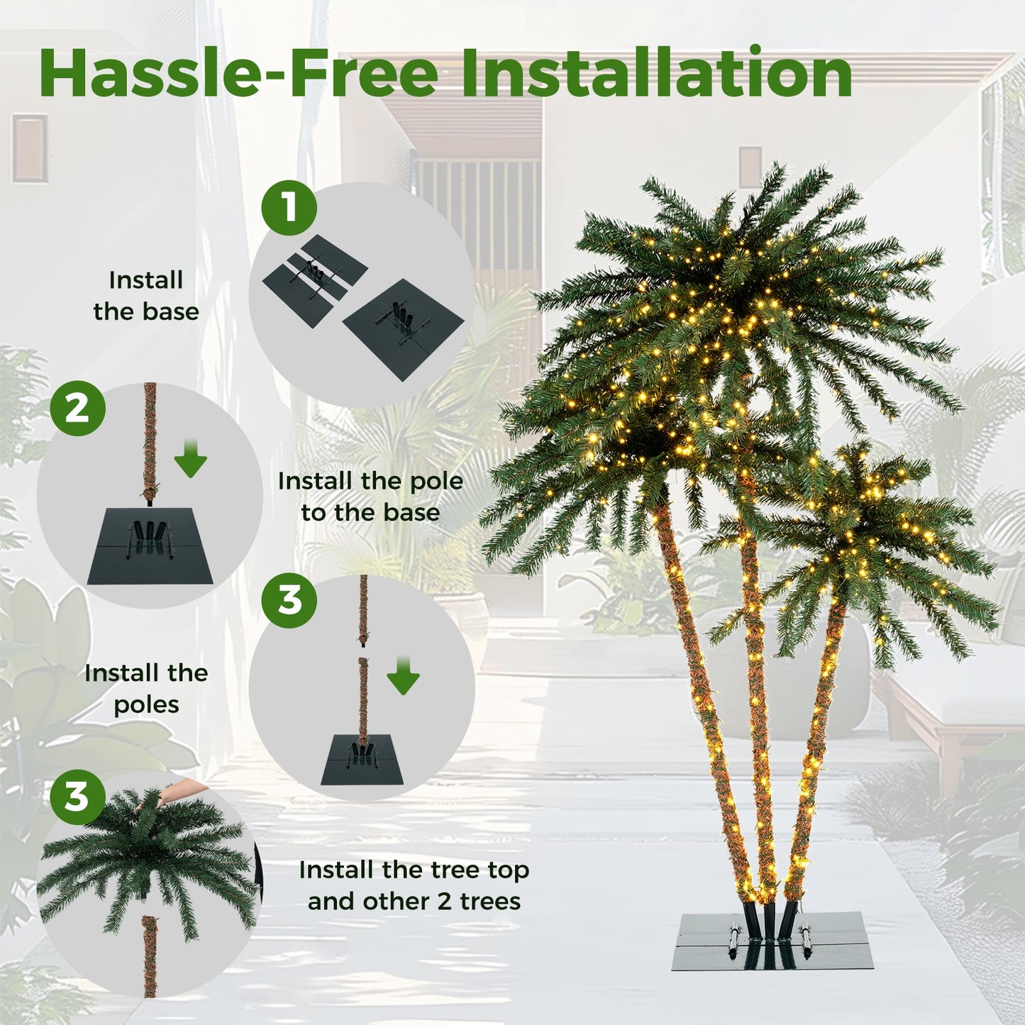 Pre-Lit Artificial Palm Tree with 930 Warm White LED Lights, 157 Branch Tips & Sturdy Metal Base