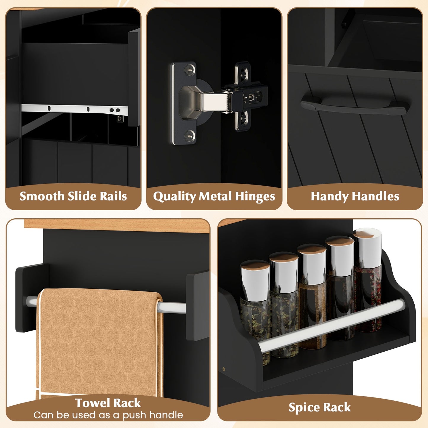 Rolling Kitchen Island Cart with Trash Cabinet Storage Drawers Adjustable Shelves and Spice Rack - Black