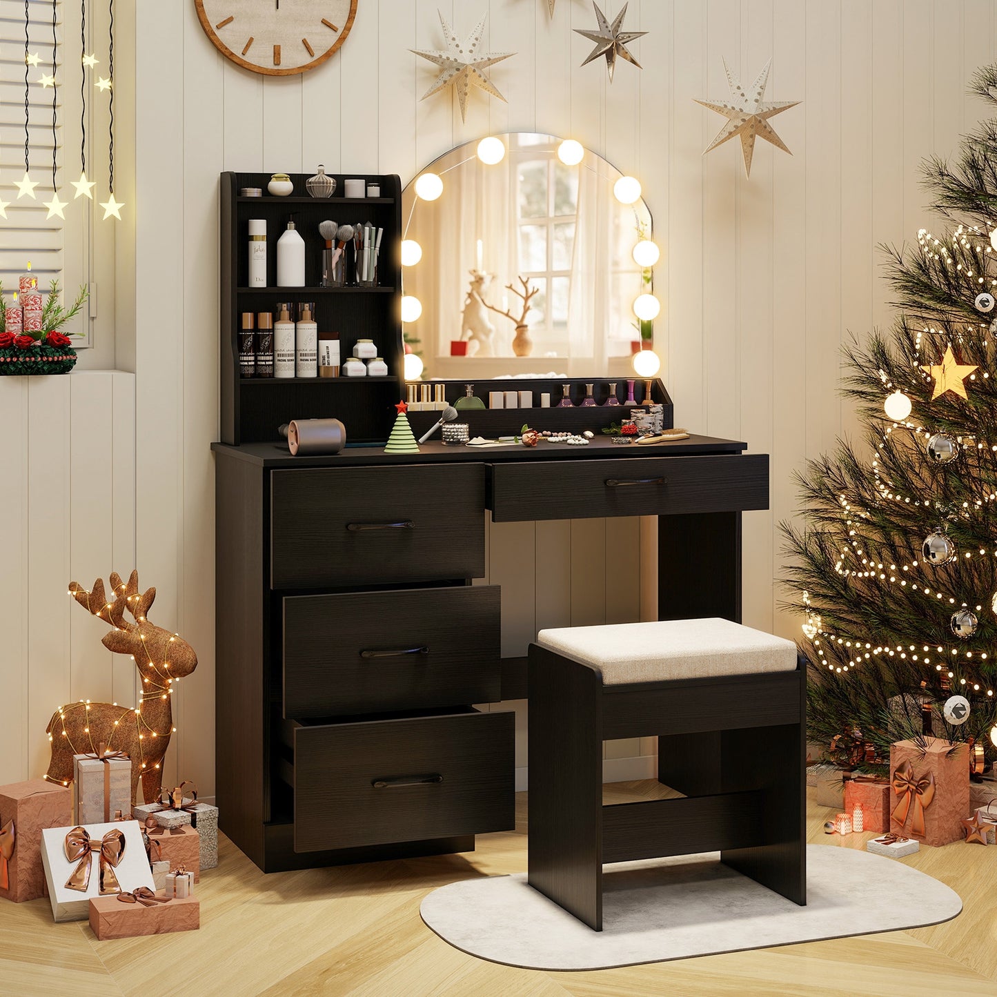 Makeup Vanity Table Set with LED Sliding Mirror, Charging Station and Cushioned Stool – Black