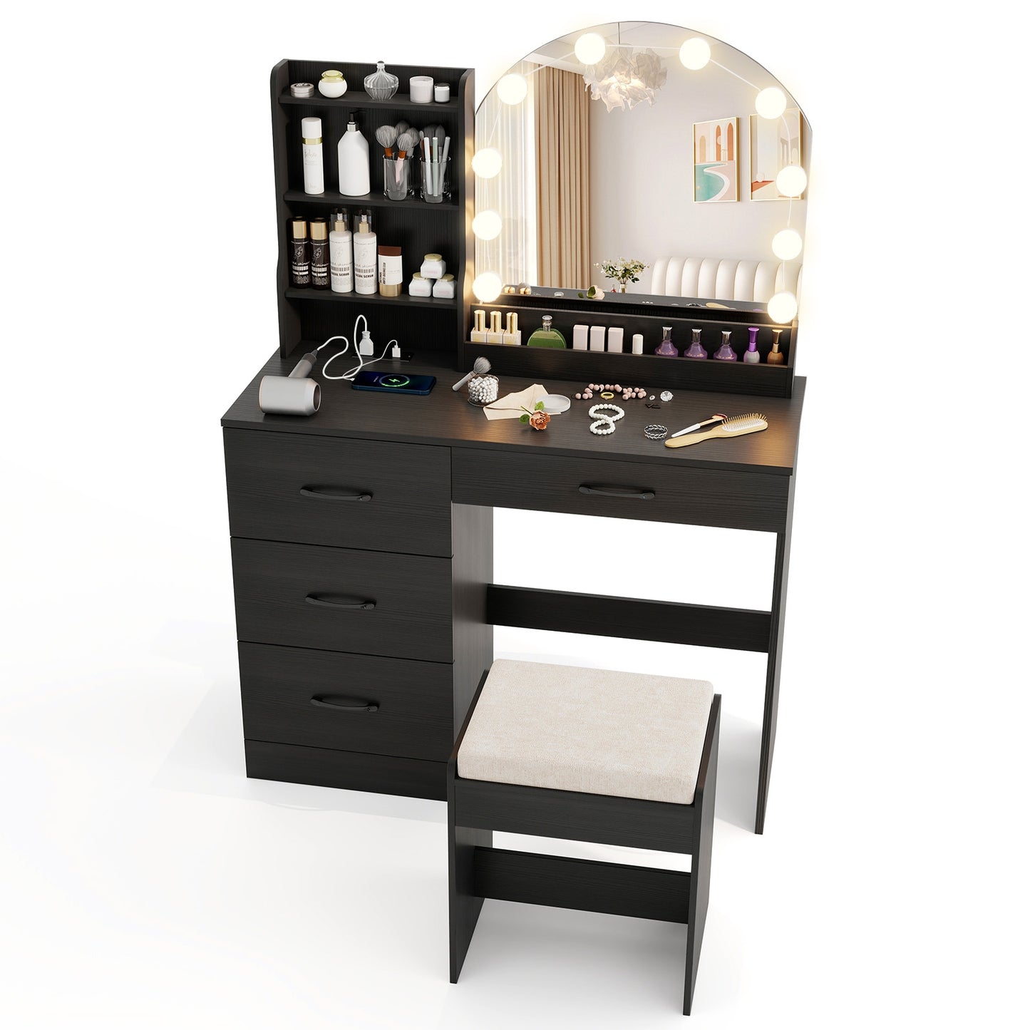Makeup Vanity Table Set with LED Sliding Mirror, Charging Station and Cushioned Stool – Black