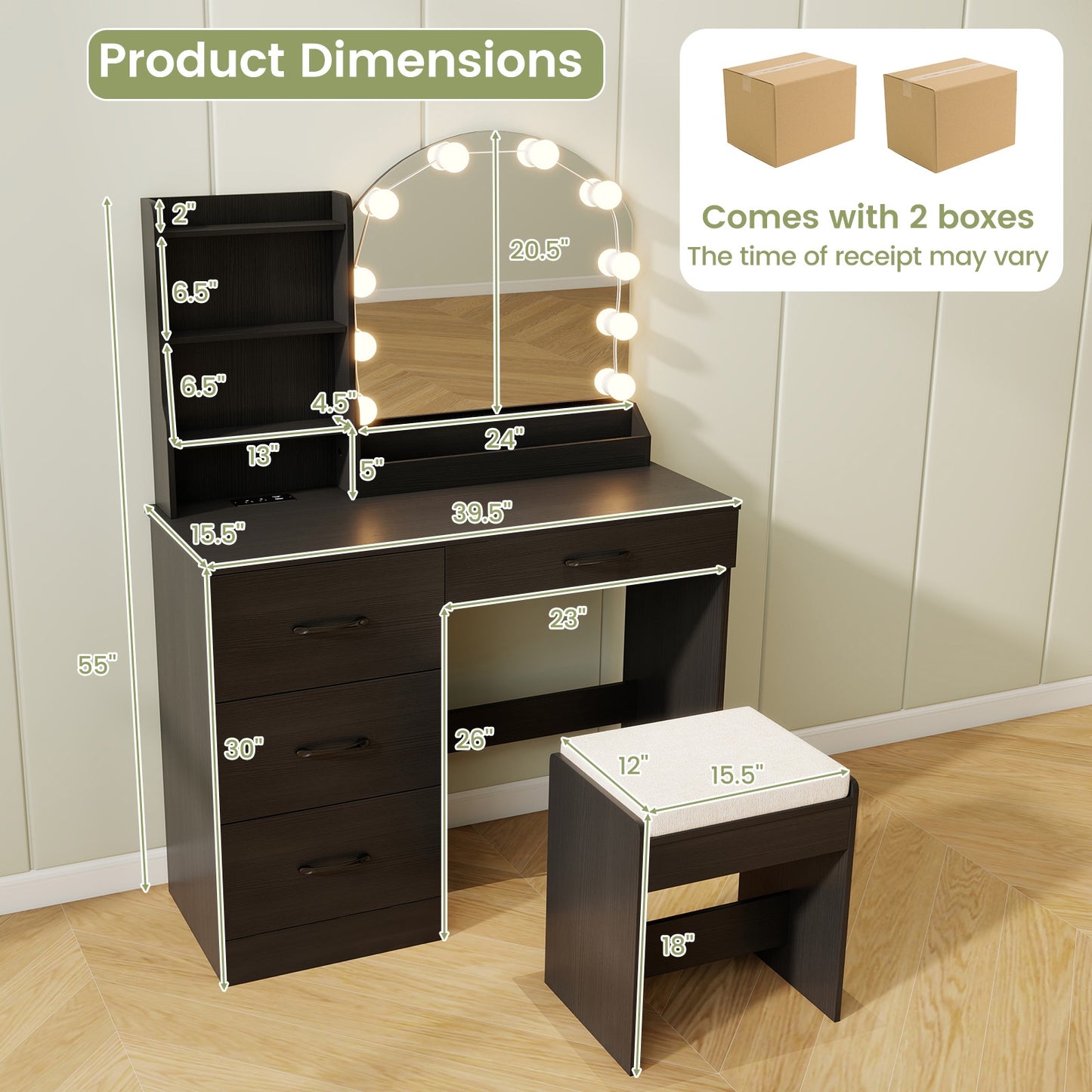Makeup Vanity Table Set with LED Sliding Mirror, Charging Station and Cushioned Stool – Black
