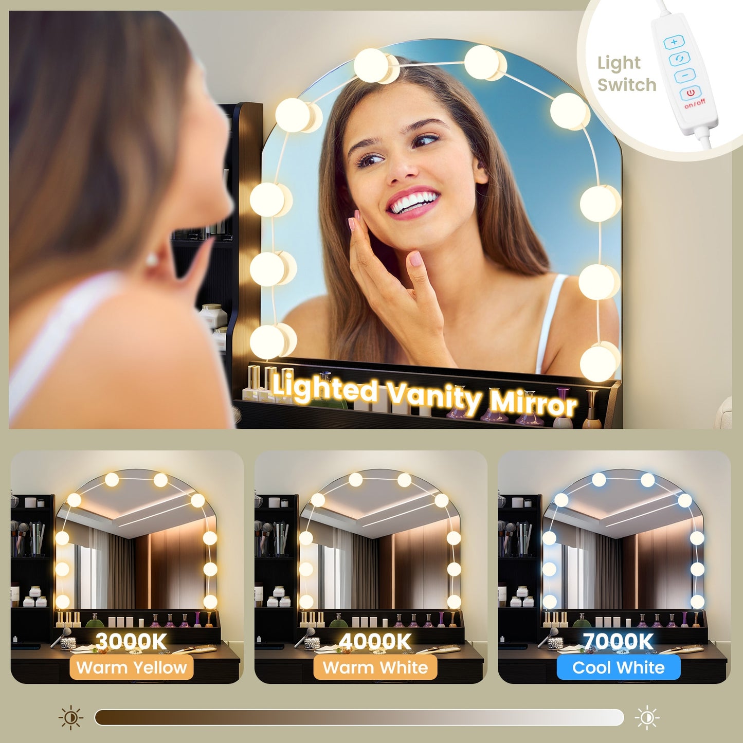 Makeup Vanity Table Set with LED Sliding Mirror, Charging Station and Cushioned Stool – Black