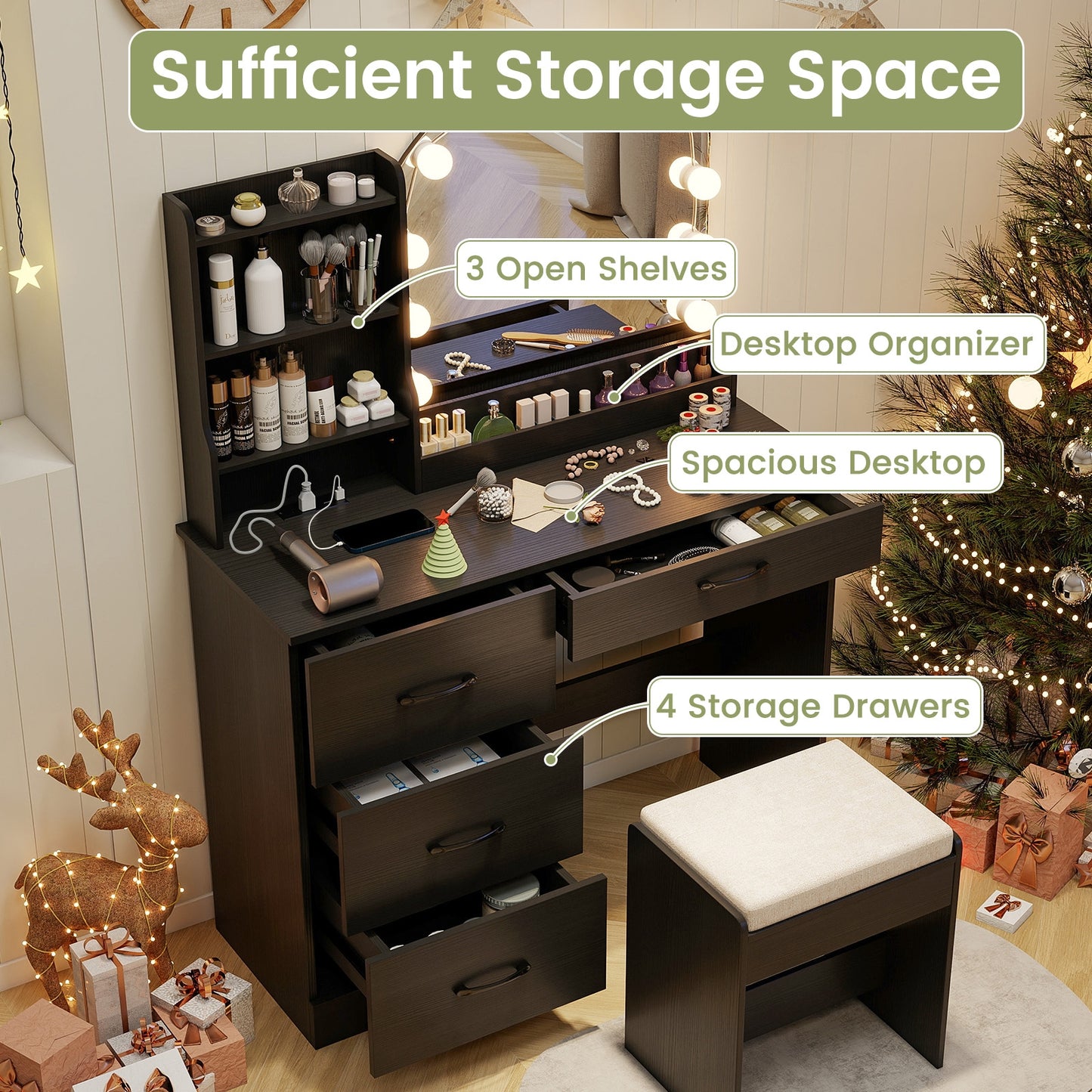Makeup Vanity Table Set with LED Sliding Mirror, Charging Station and Cushioned Stool – Black