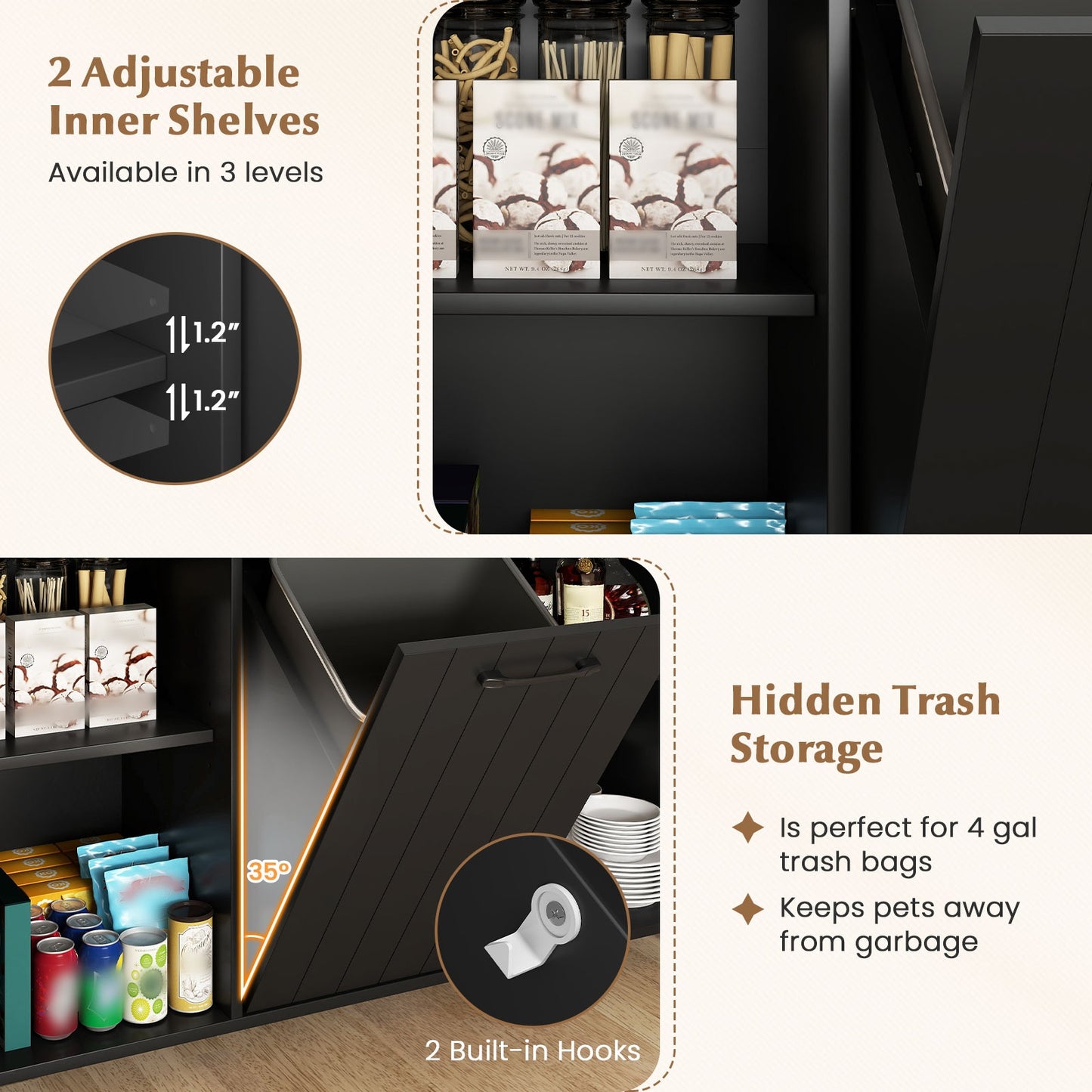 Rolling Kitchen Island Cart with Trash Cabinet Storage Drawers Adjustable Shelves and Spice Rack - Black