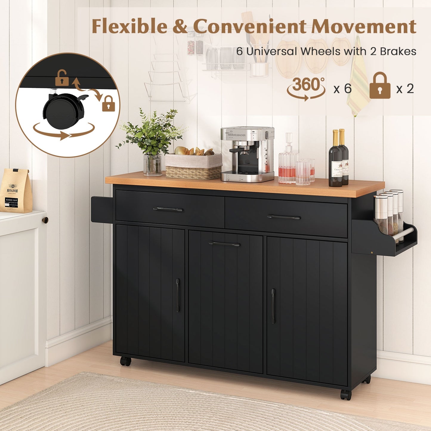 Rolling Kitchen Island Cart with Trash Cabinet Storage Drawers Adjustable Shelves and Spice Rack - Black