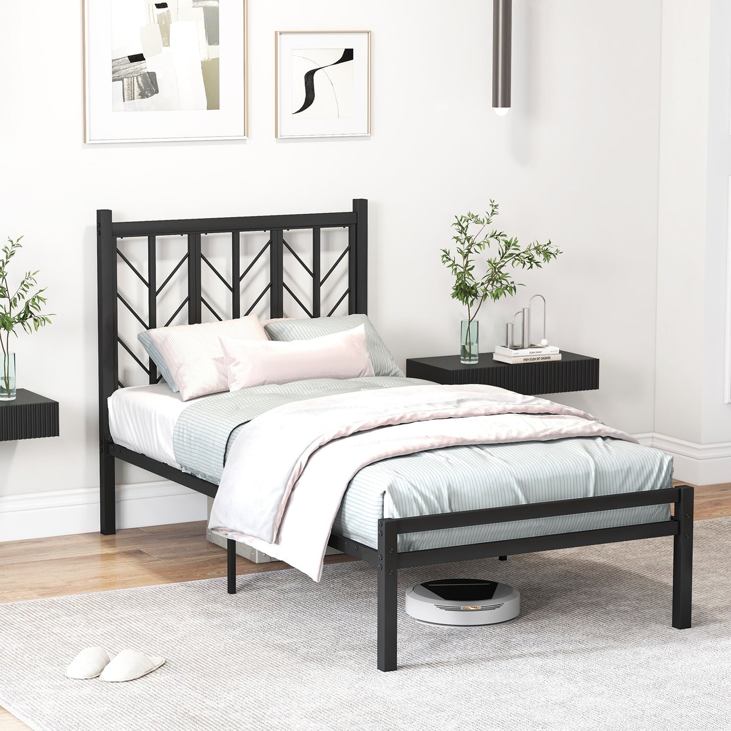 Sleek Platform Bed with Headboard and Metal Frame for Ultimate Support - Twin Size