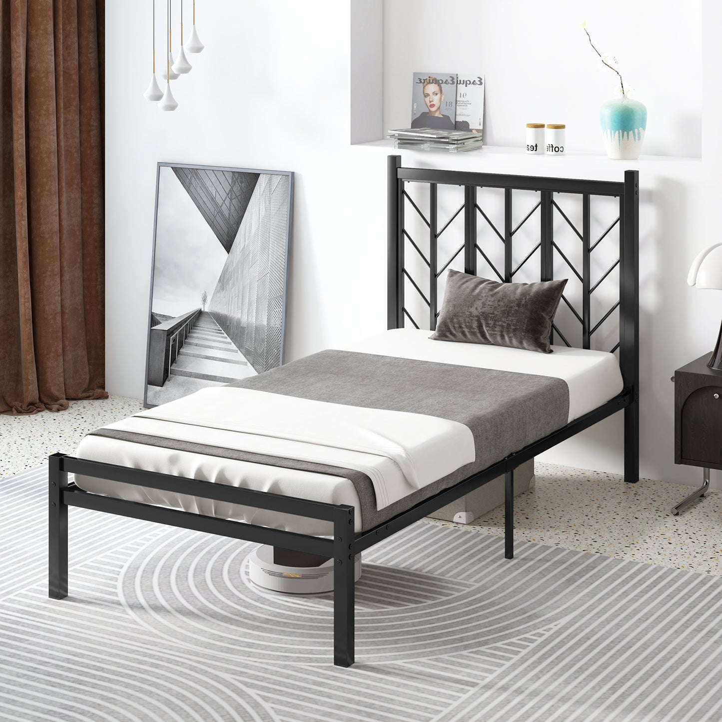 Sleek Platform Bed with Headboard and Metal Frame for Ultimate Support - Twin Size