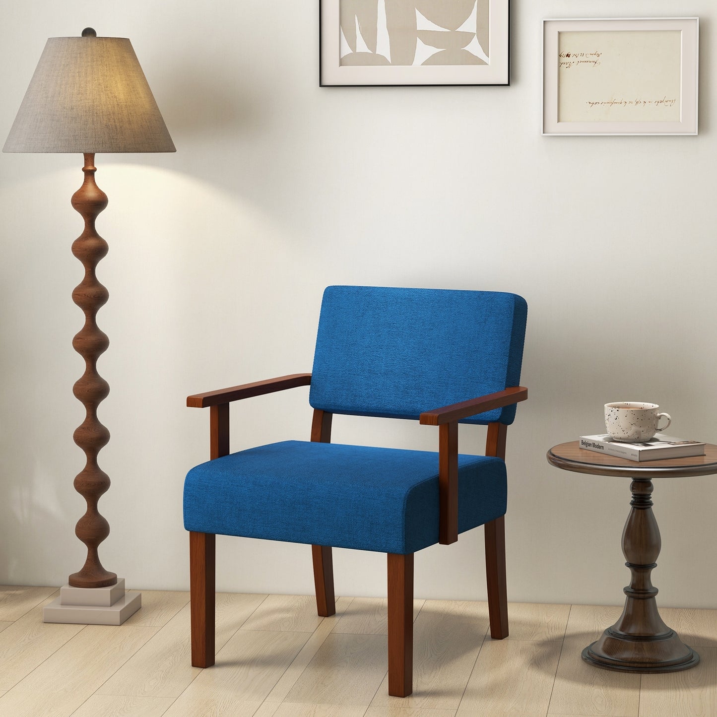Mid-Century Linen Upholstered Accent Chair with Cushion and Solid Wood Frame in Blue