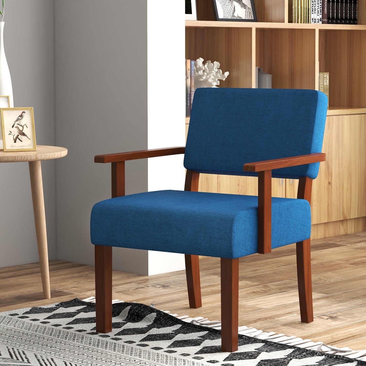 Mid-Century Linen Upholstered Accent Chair with Cushion and Solid Wood Frame in Blue