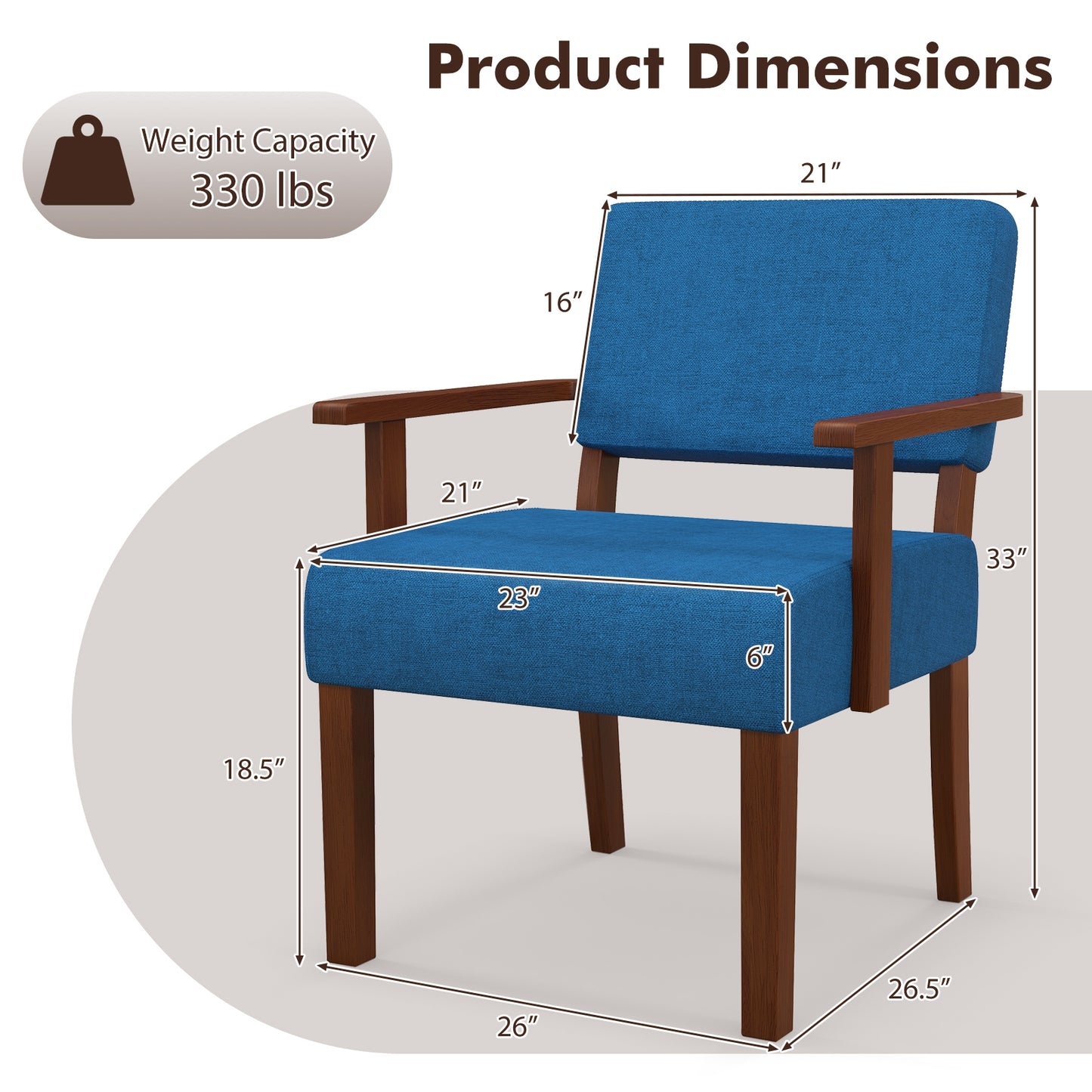 Mid-Century Linen Upholstered Accent Chair with Cushion and Solid Wood Frame in Blue