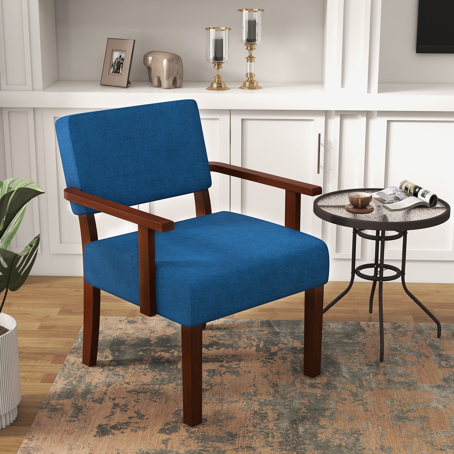 Mid-Century Linen Upholstered Accent Chair with Cushion and Solid Wood Frame in Blue