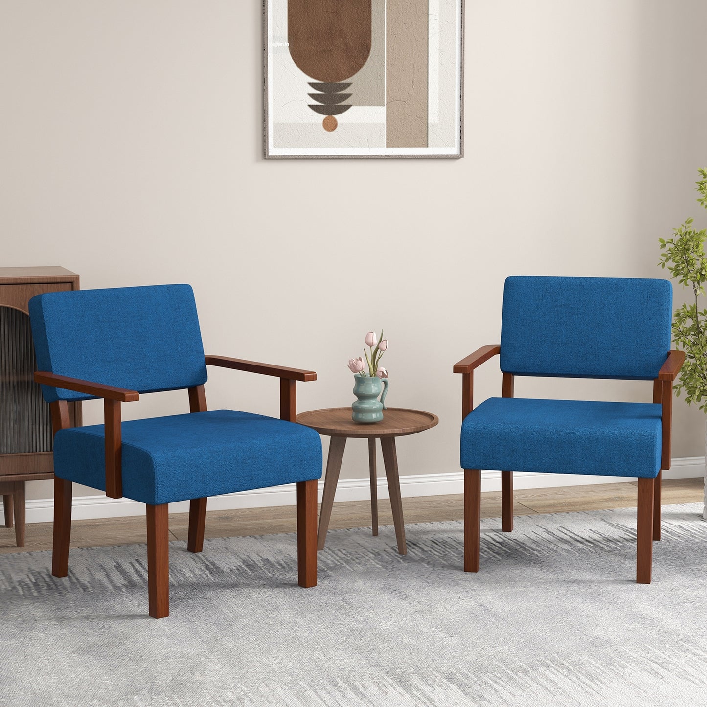 Mid-Century Linen Upholstered Accent Chair with Cushion and Solid Wood Frame in Blue