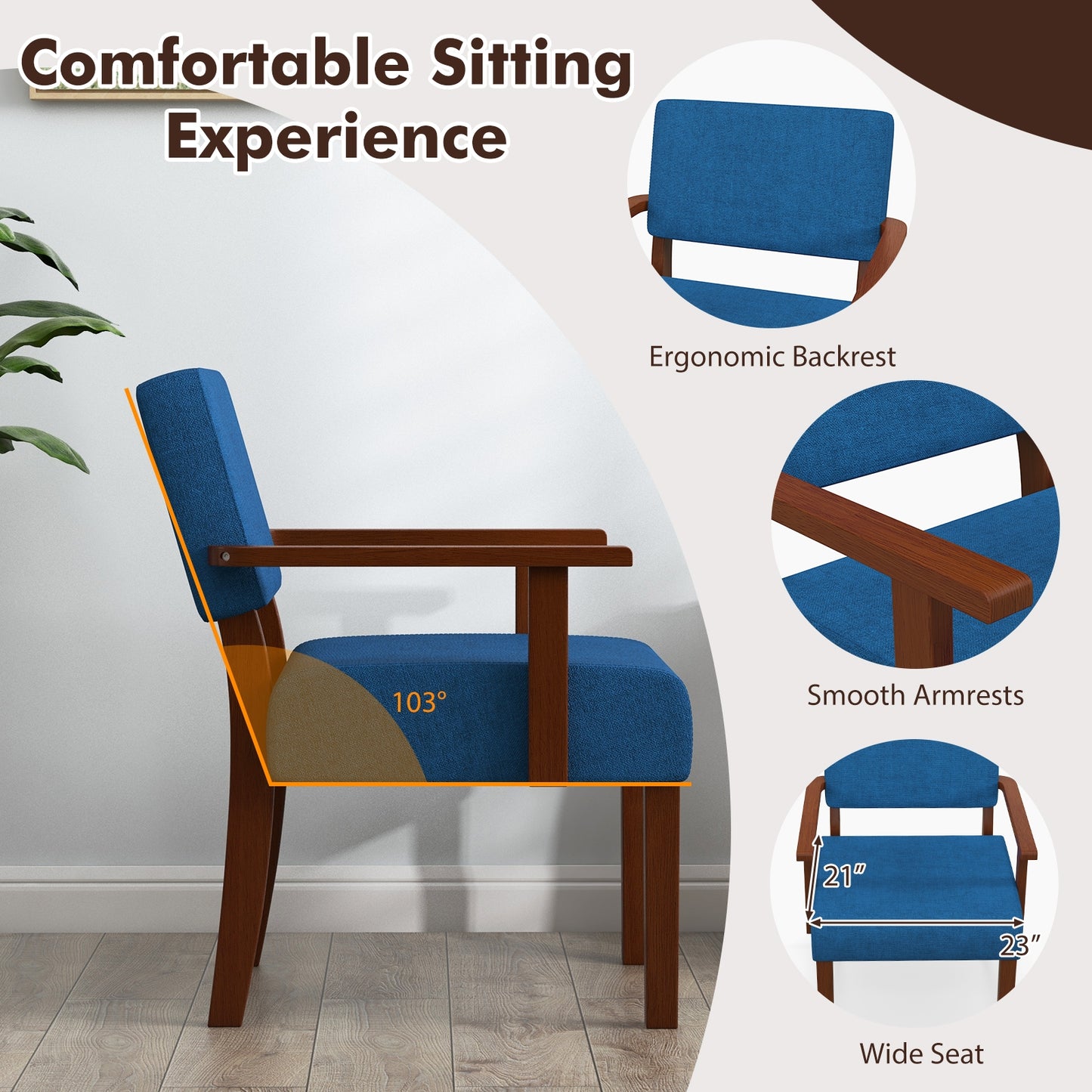 Mid-Century Linen Upholstered Accent Chair with Cushion and Solid Wood Frame in Blue