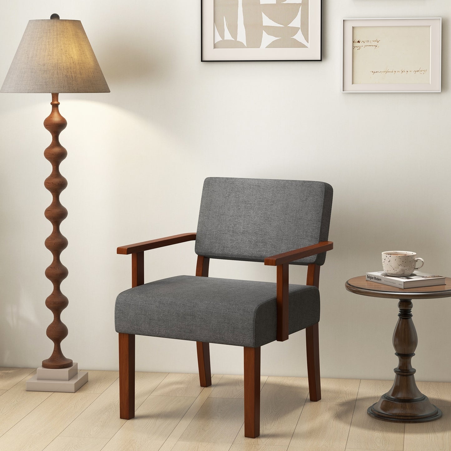 Mid-Century Linen Upholstered Accent Chair with Cushion and Solid Wood Frame in Grey