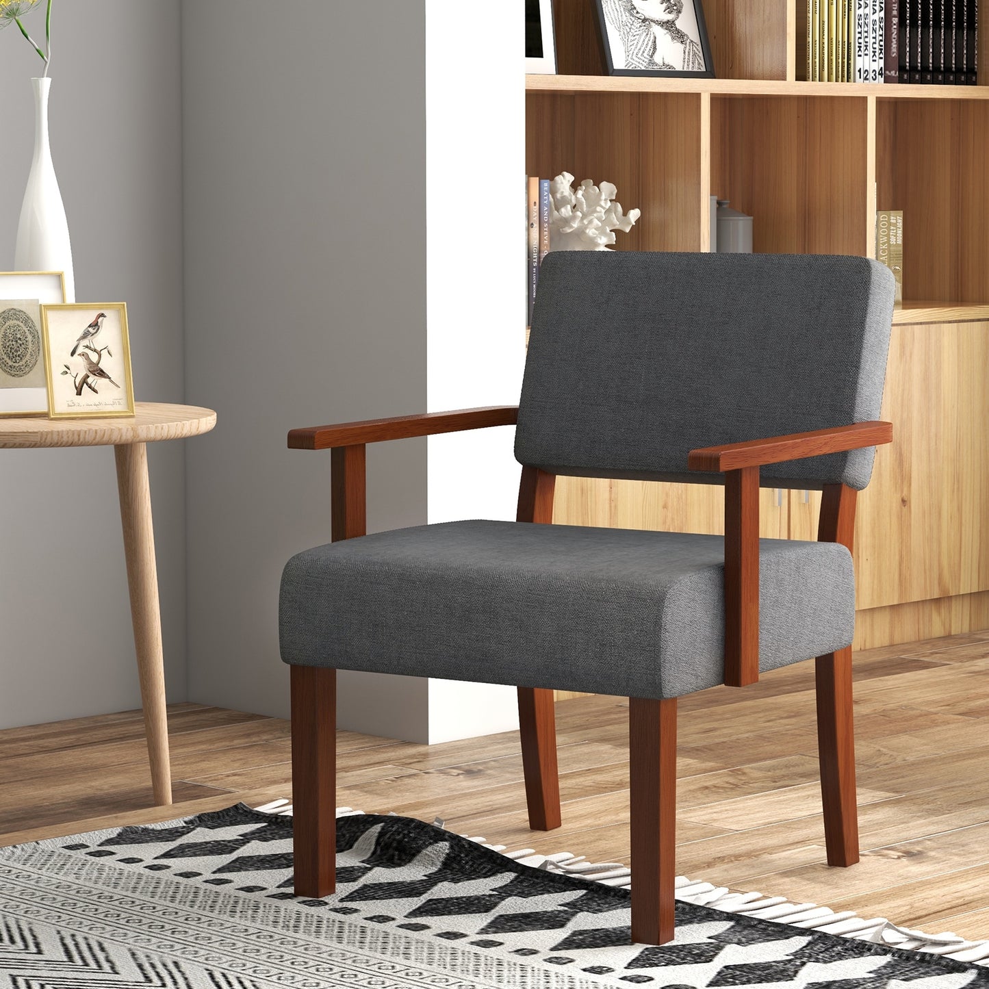 Mid-Century Linen Upholstered Accent Chair with Cushion and Solid Wood Frame in Grey