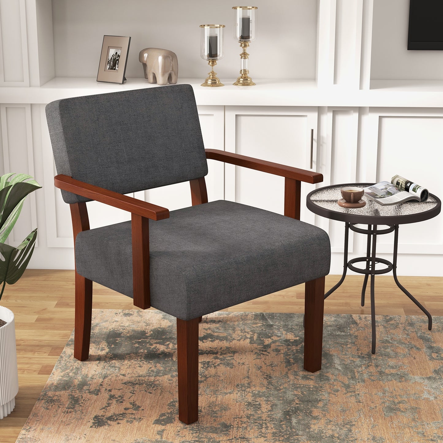 Mid-Century Linen Upholstered Accent Chair with Cushion and Solid Wood Frame in Grey