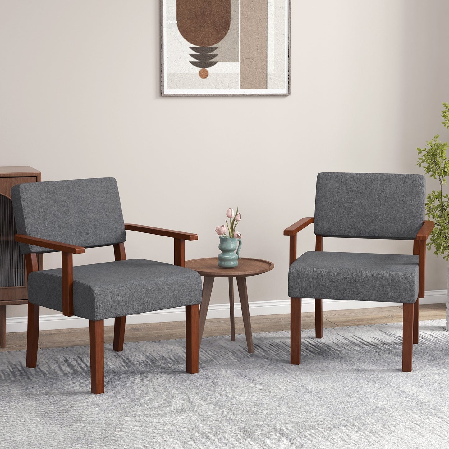Mid-Century Linen Upholstered Accent Chair with Cushion and Solid Wood Frame in Grey