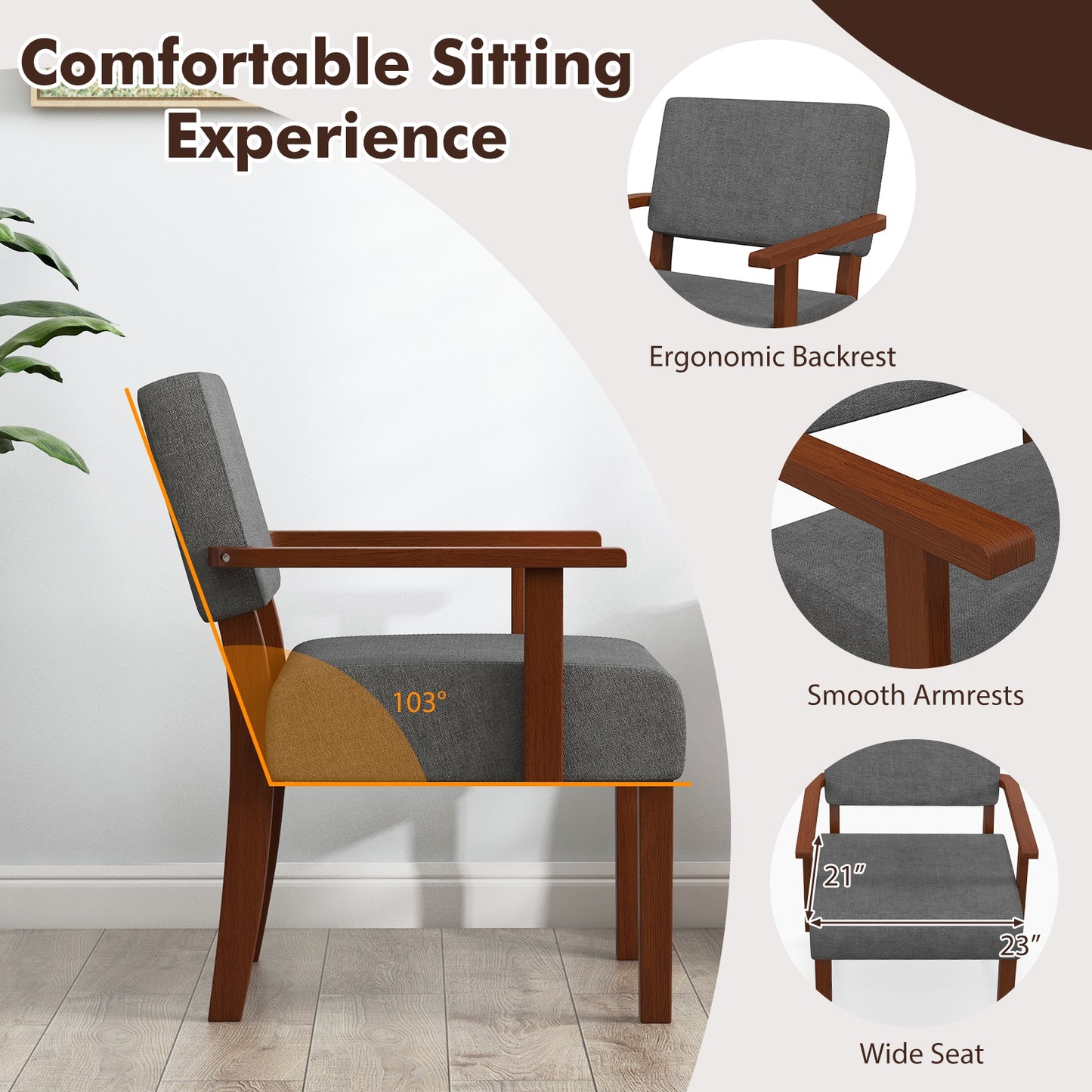 Mid-Century Linen Upholstered Accent Chair with Cushion and Solid Wood Frame in Grey