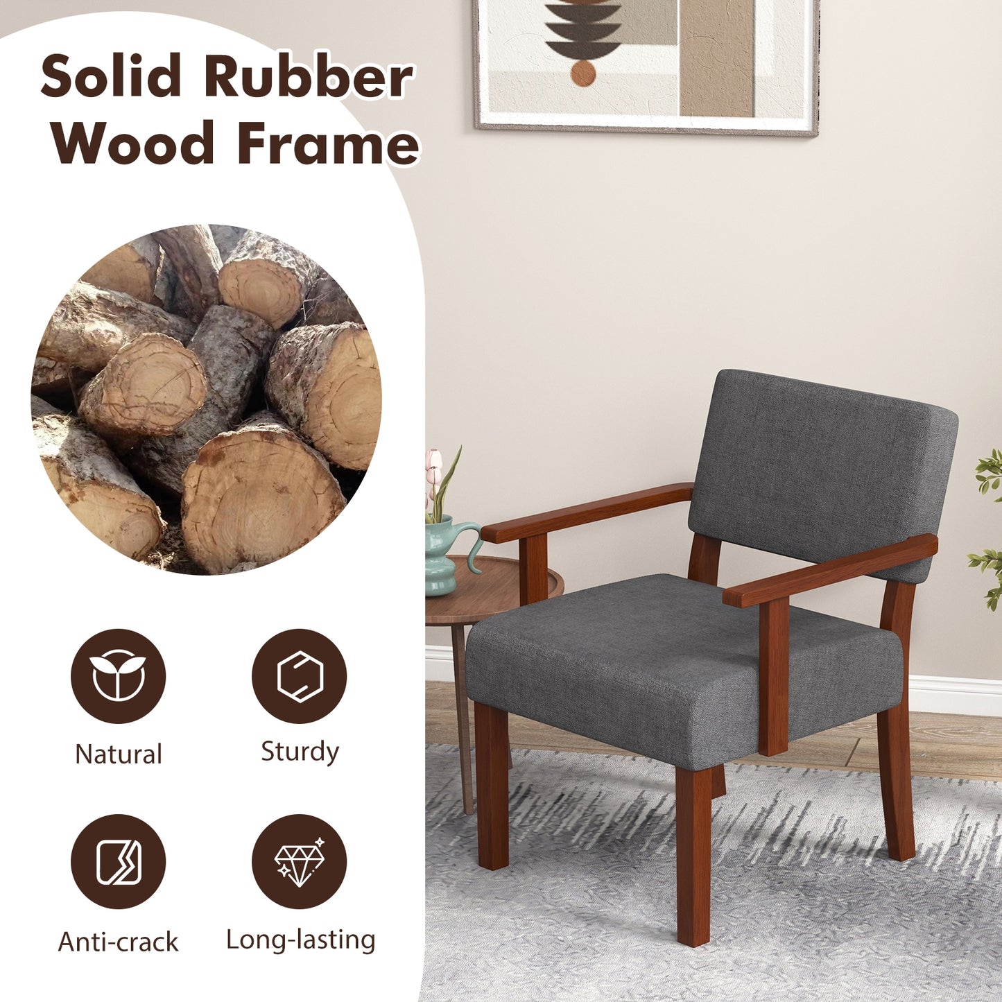 Mid-Century Linen Upholstered Accent Chair with Cushion and Solid Wood Frame in Grey