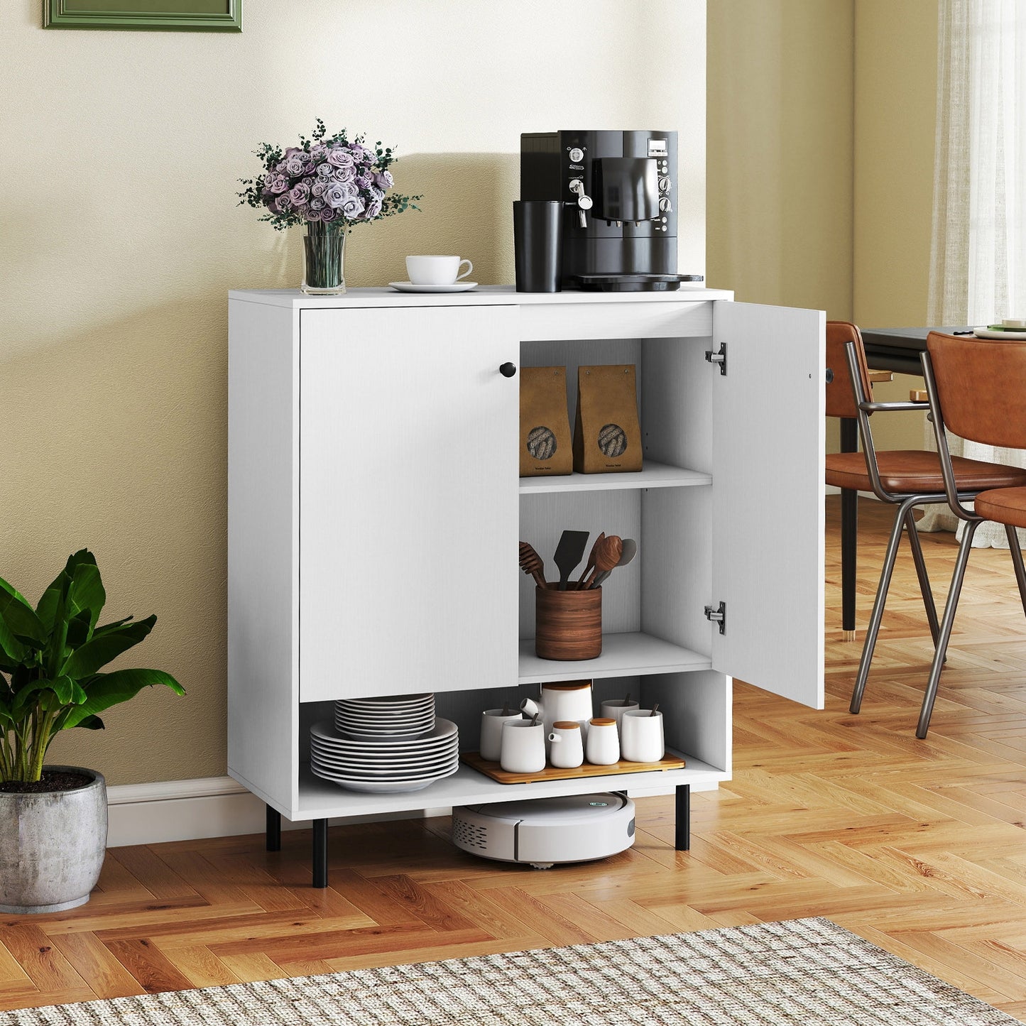 Modern 2-Door Kitchen Sideboard Cabinet with Adjustable Shelving and Sturdy Metal Support
