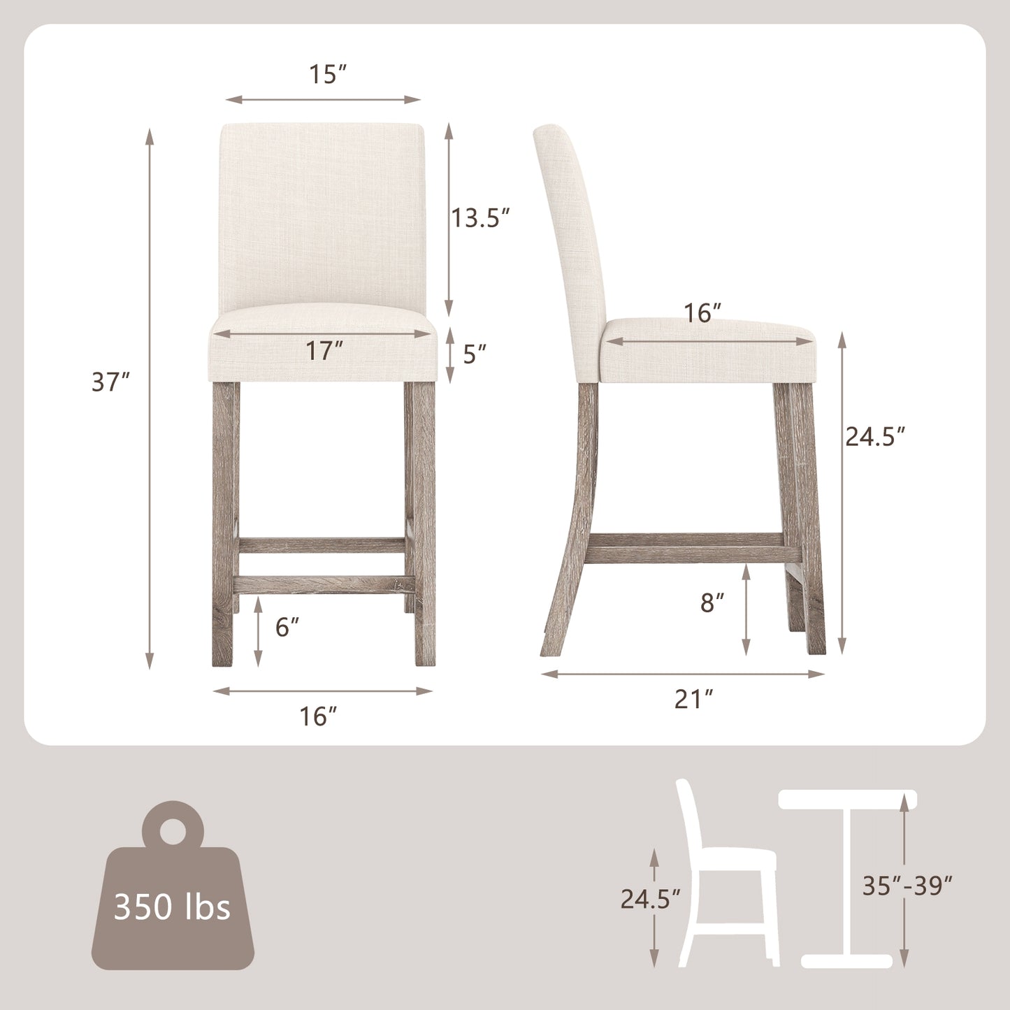 2-Piece Counter Height Bar Stool Set with Back Support and Footrest - Beige