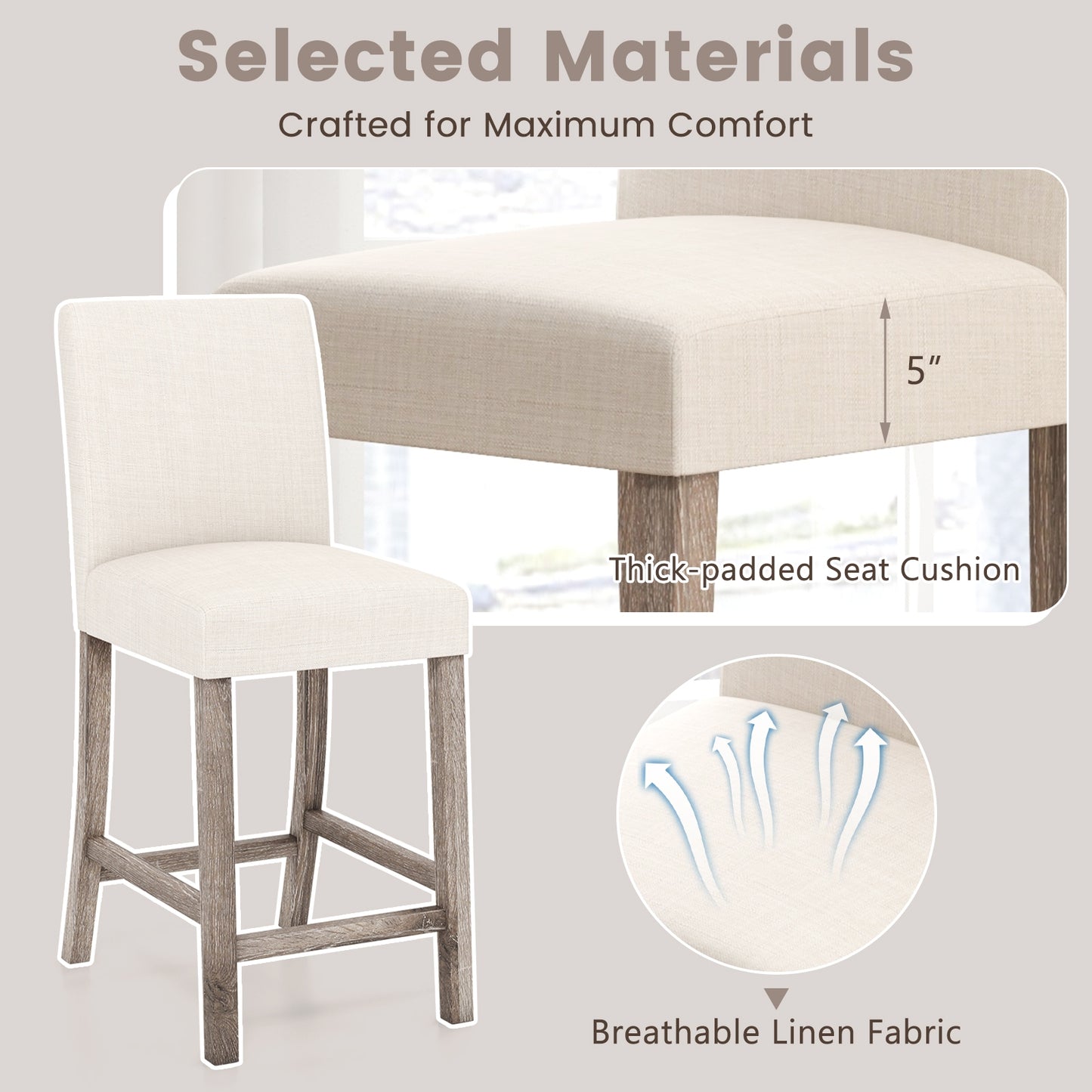 2-Piece Counter Height Bar Stool Set with Back Support and Footrest - Beige