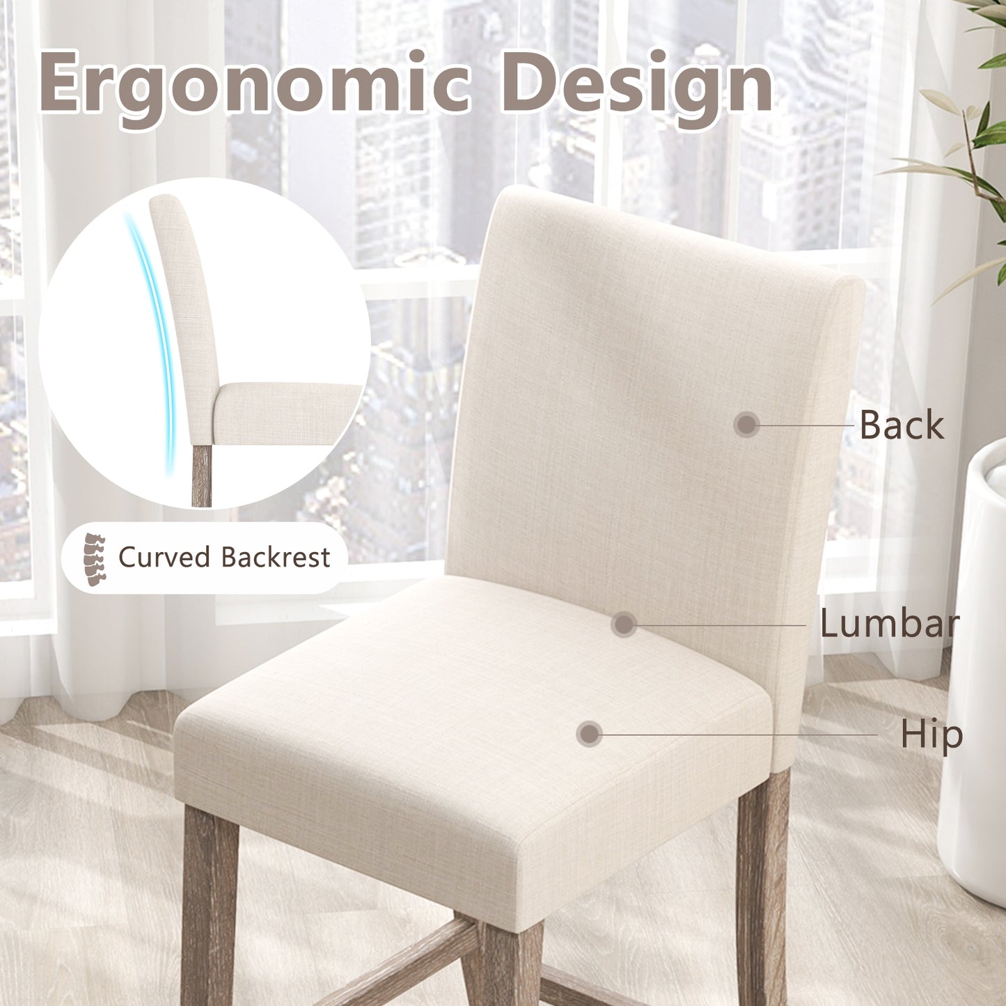 2-Piece Counter Height Bar Stool Set with Back Support and Footrest - Beige