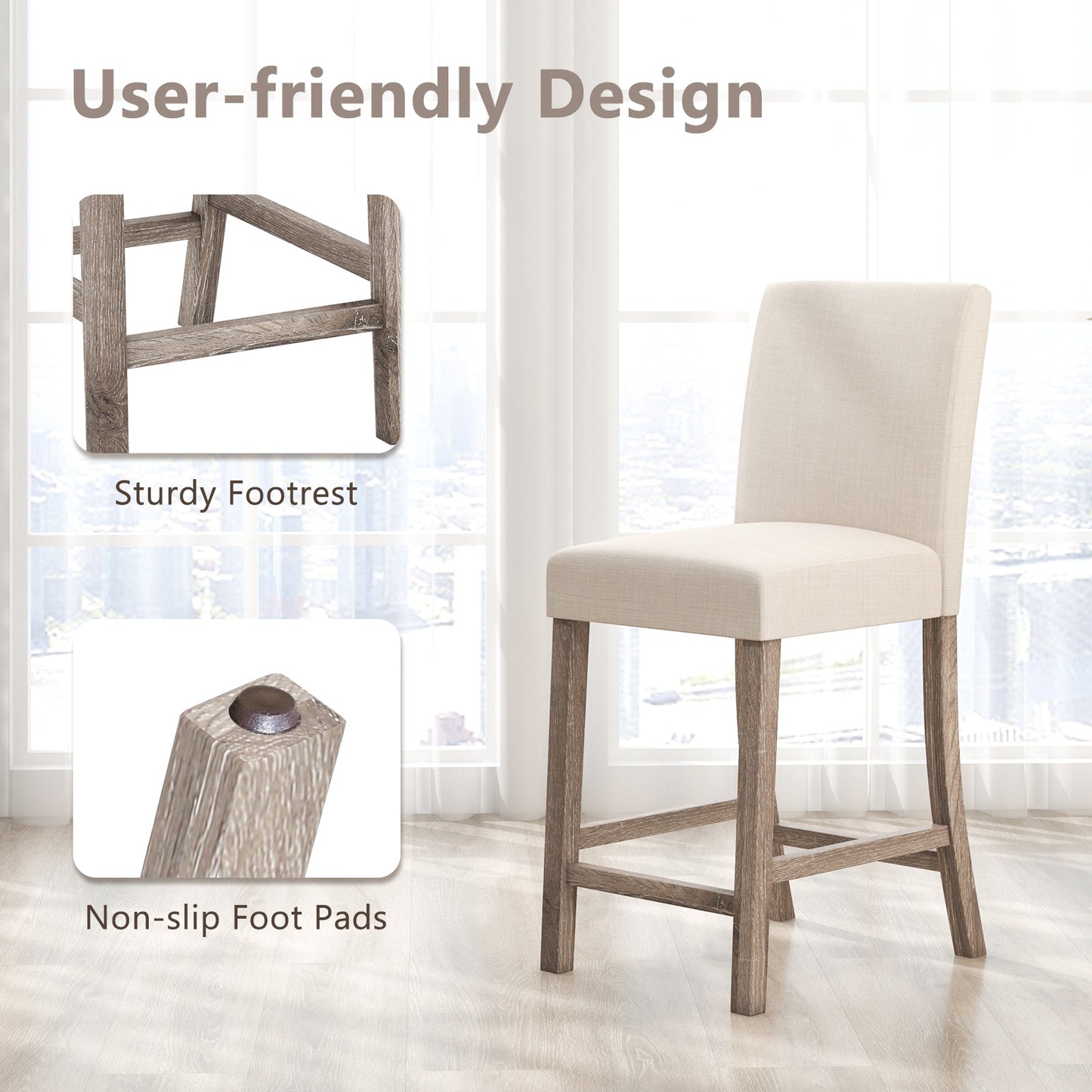 2-Piece Counter Height Bar Stool Set with Back Support and Footrest - Beige