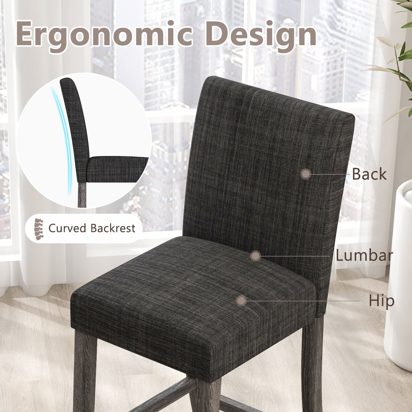 2-Piece Counter Height Bar Stool Set with Back Support and Footrest - Grey