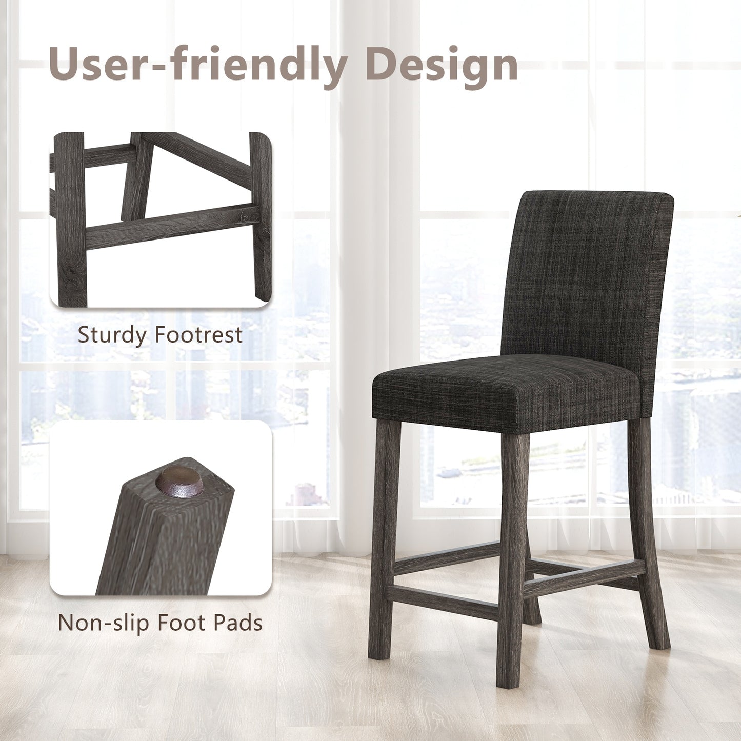 2-Piece Counter Height Bar Stool Set with Back Support and Footrest - Grey