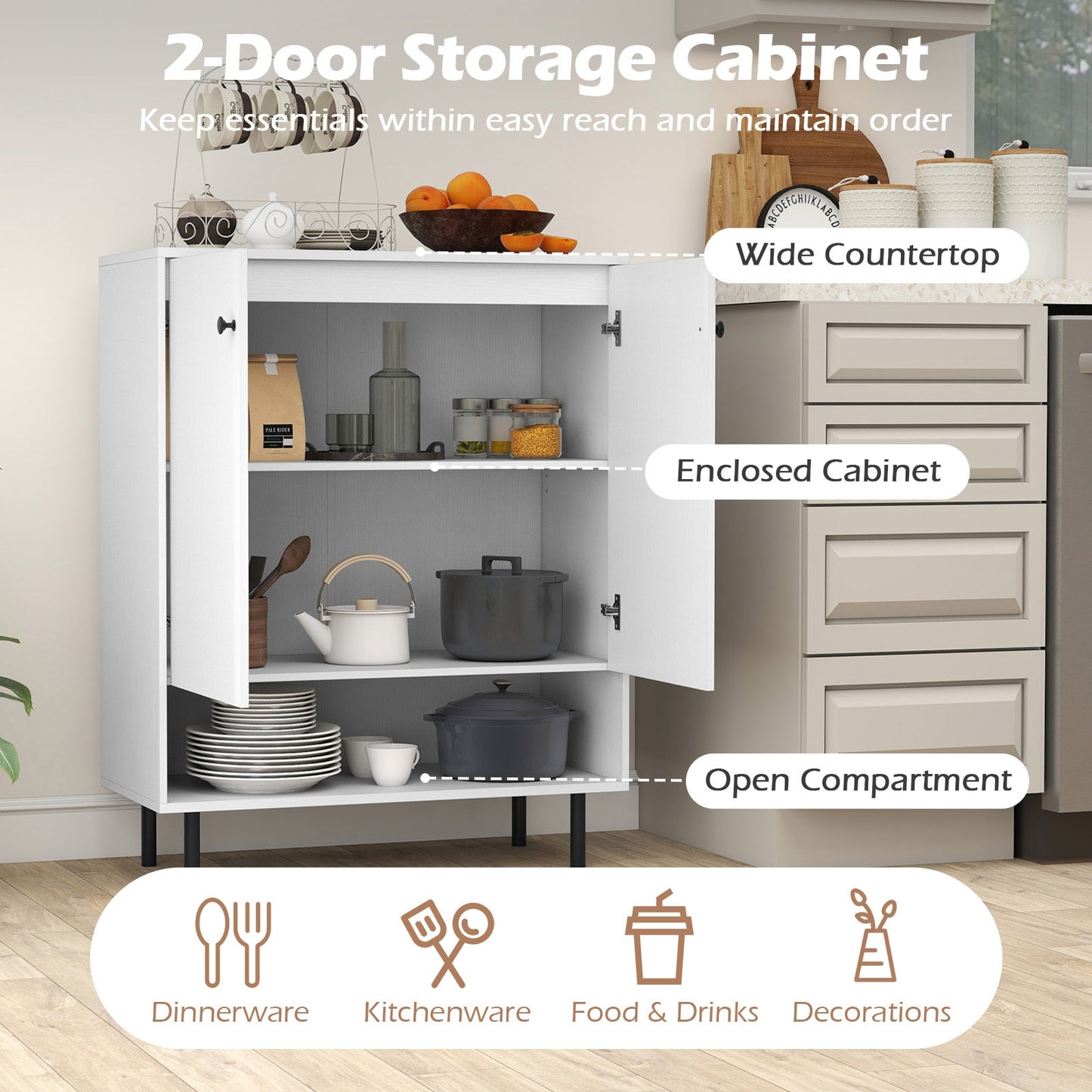 Modern 2-Door Kitchen Sideboard Cabinet with Adjustable Shelving and Sturdy Metal Support