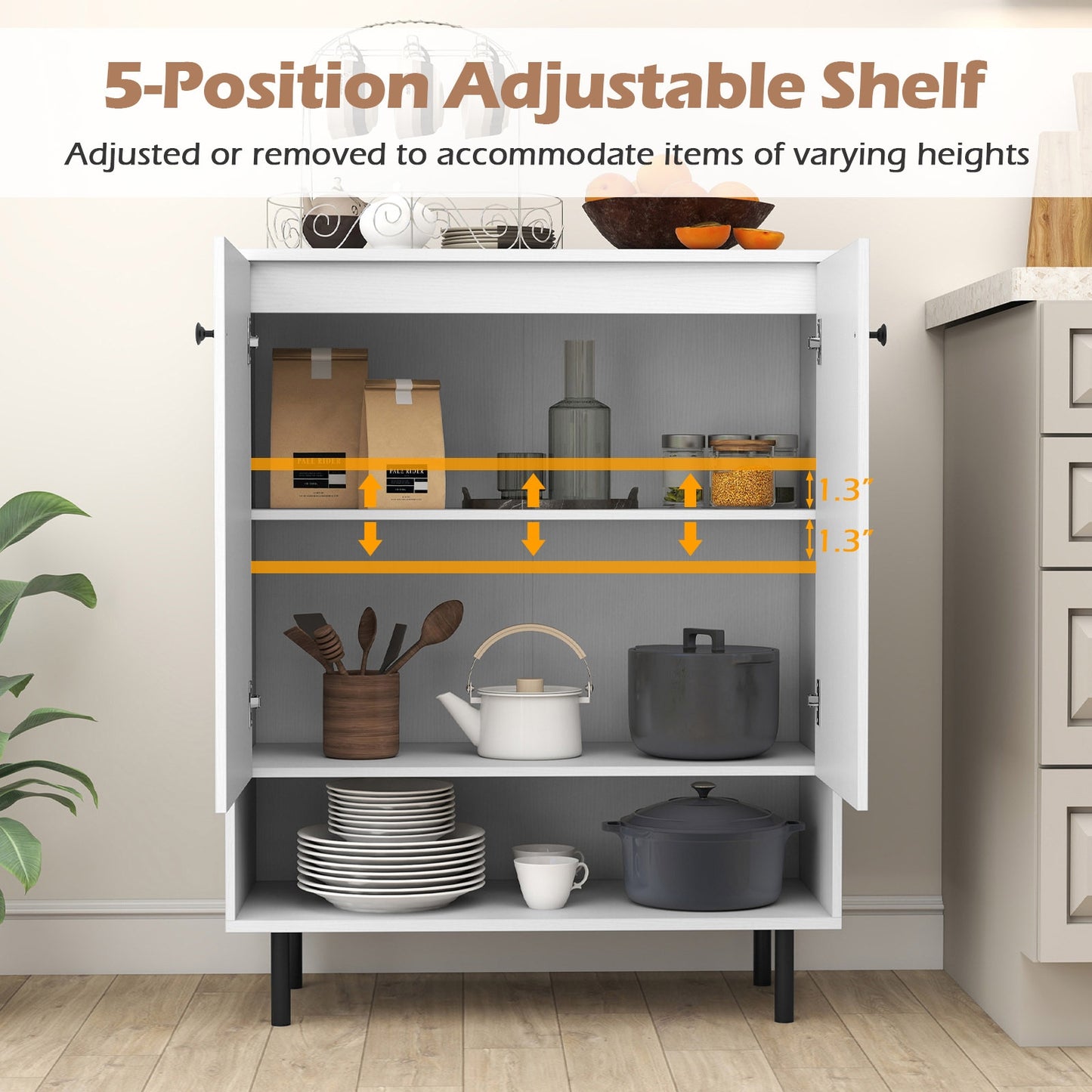 Modern 2-Door Kitchen Sideboard Cabinet with Adjustable Shelving and Sturdy Metal Support