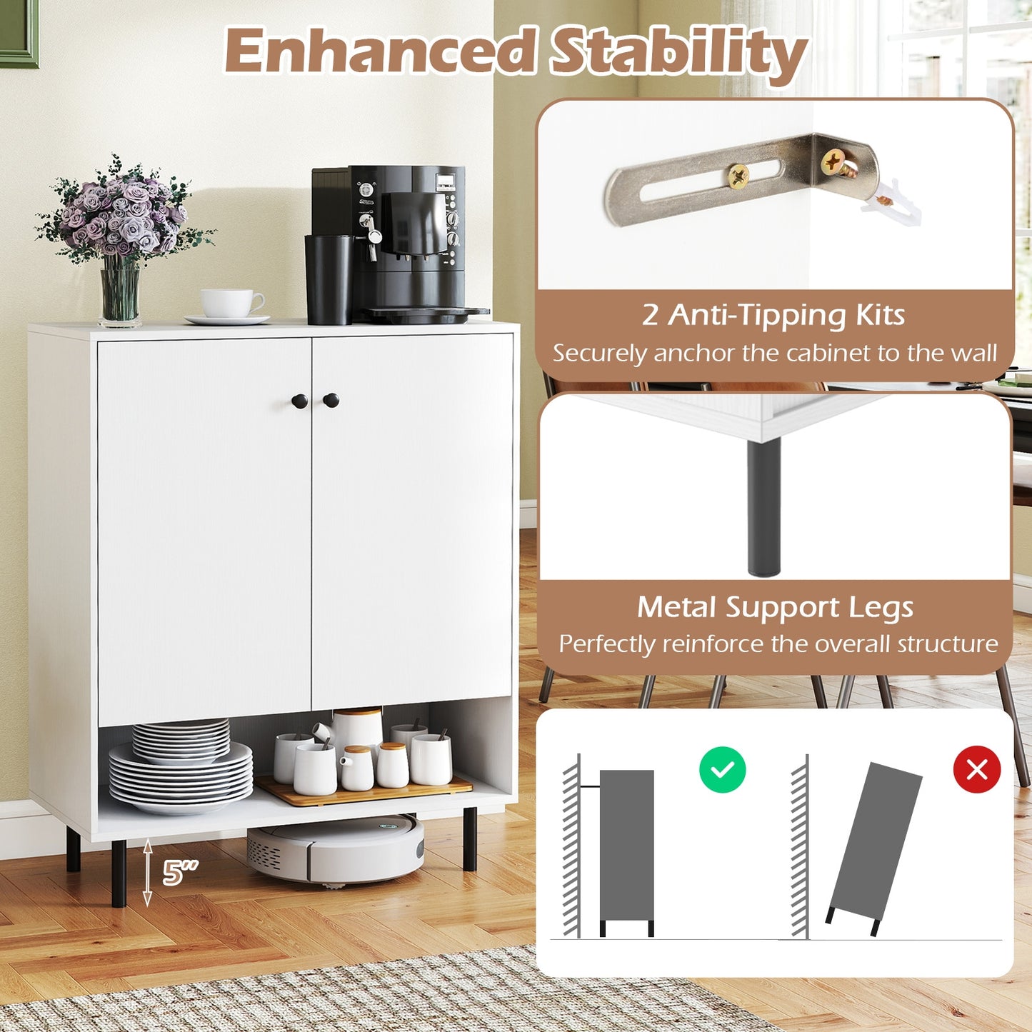 Modern 2-Door Kitchen Sideboard Cabinet with Adjustable Shelving and Sturdy Metal Support