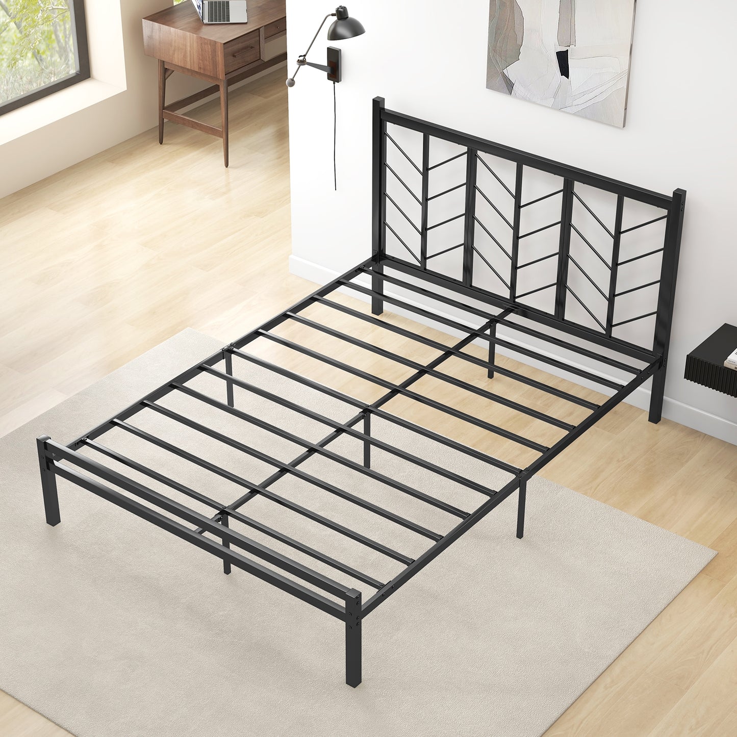 Sleek Platform Bed with Headboard and Metal Frame for Ultimate Support - Queen Size