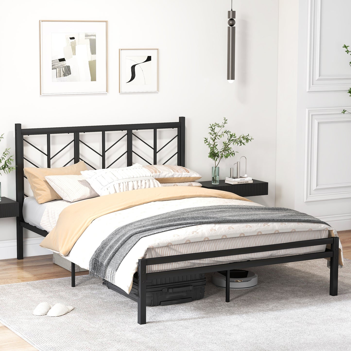 Sleek Platform Bed with Headboard and Metal Frame for Ultimate Support - Queen Size