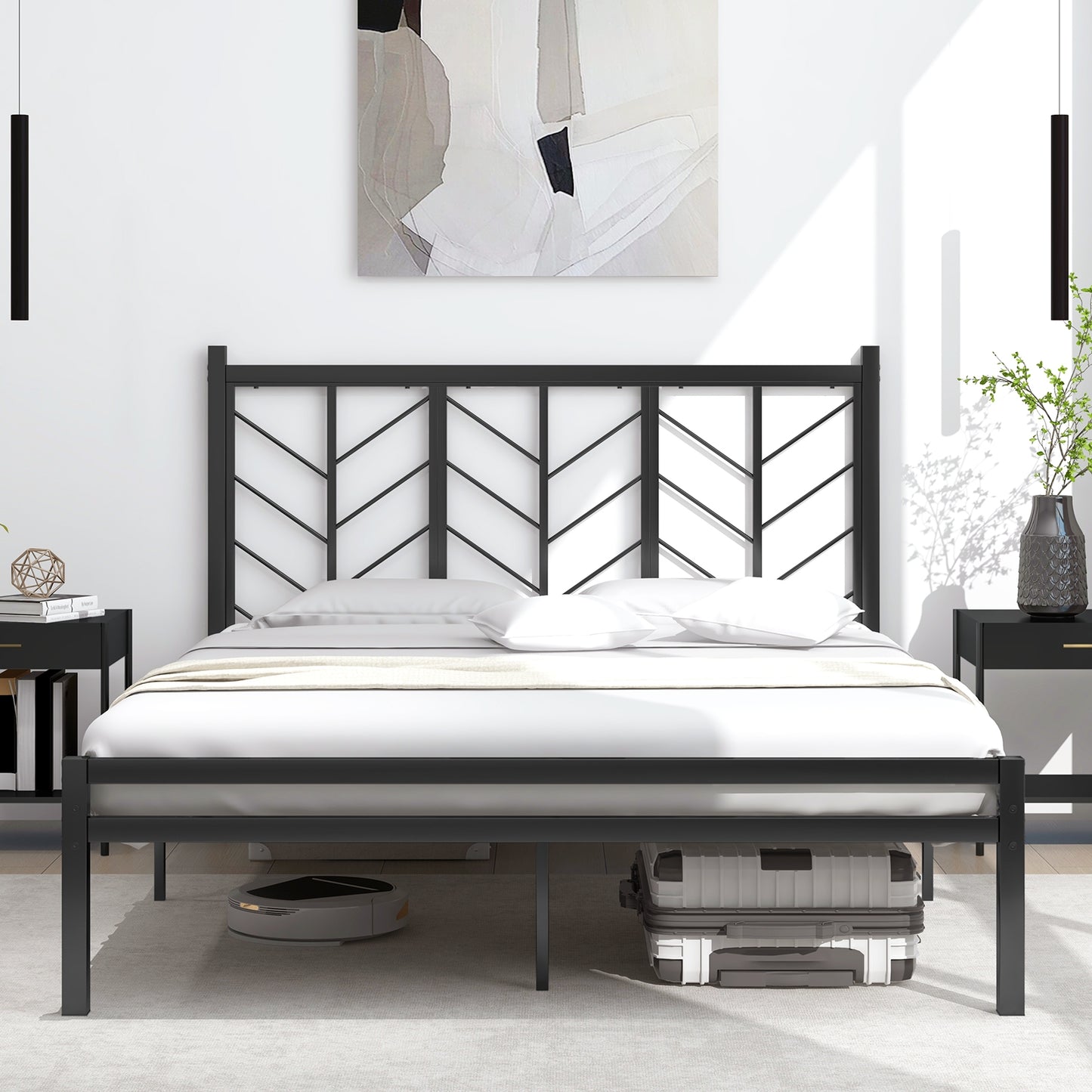 Sleek Platform Bed with Headboard and Metal Frame for Ultimate Support - Queen Size