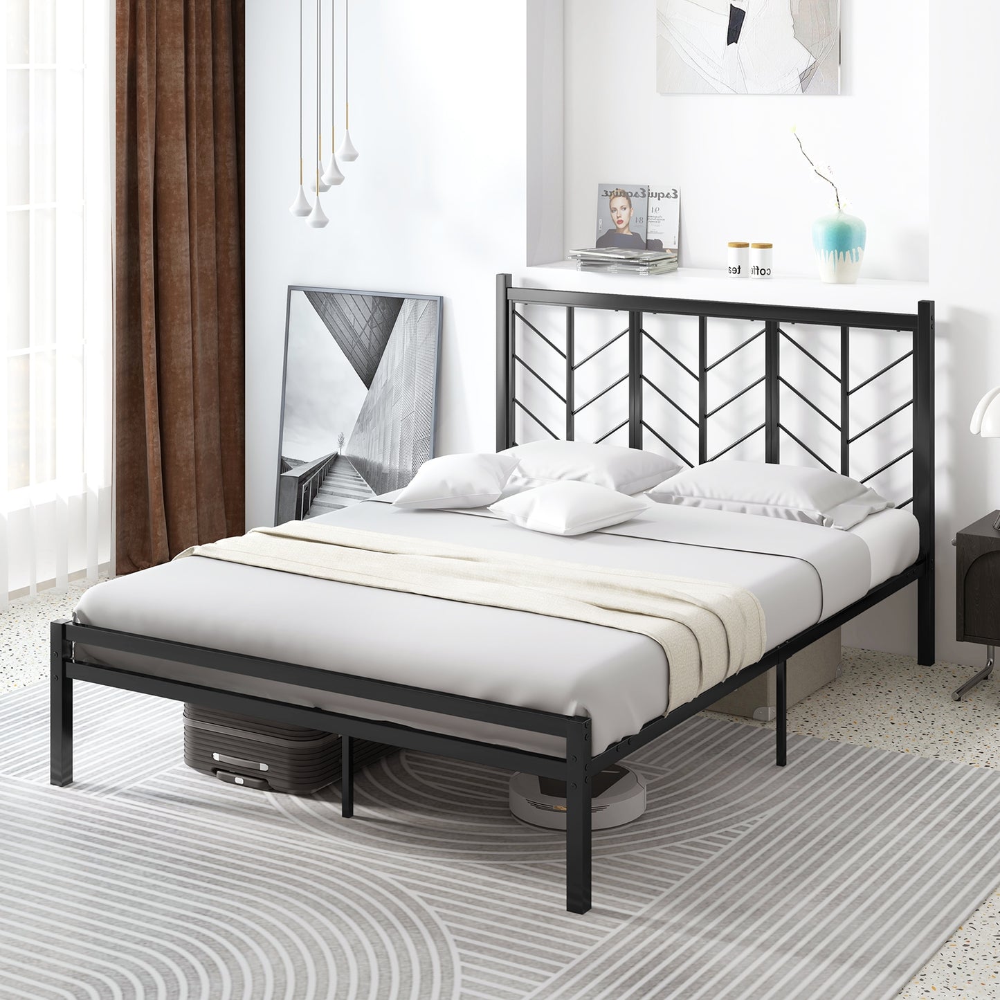 Sleek Platform Bed with Headboard and Metal Frame for Ultimate Support - Queen Size
