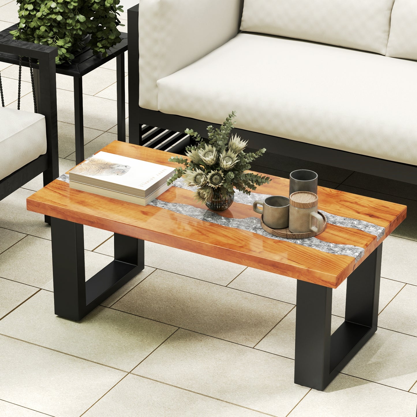 Natural Teak Wood Patio Table with River Style Epoxy Resin Tabletop