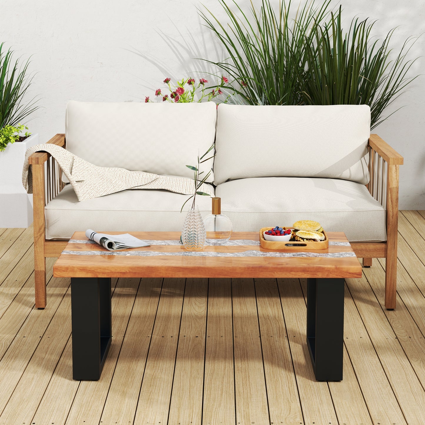 Natural Teak Wood Patio Table with River Style Epoxy Resin Tabletop