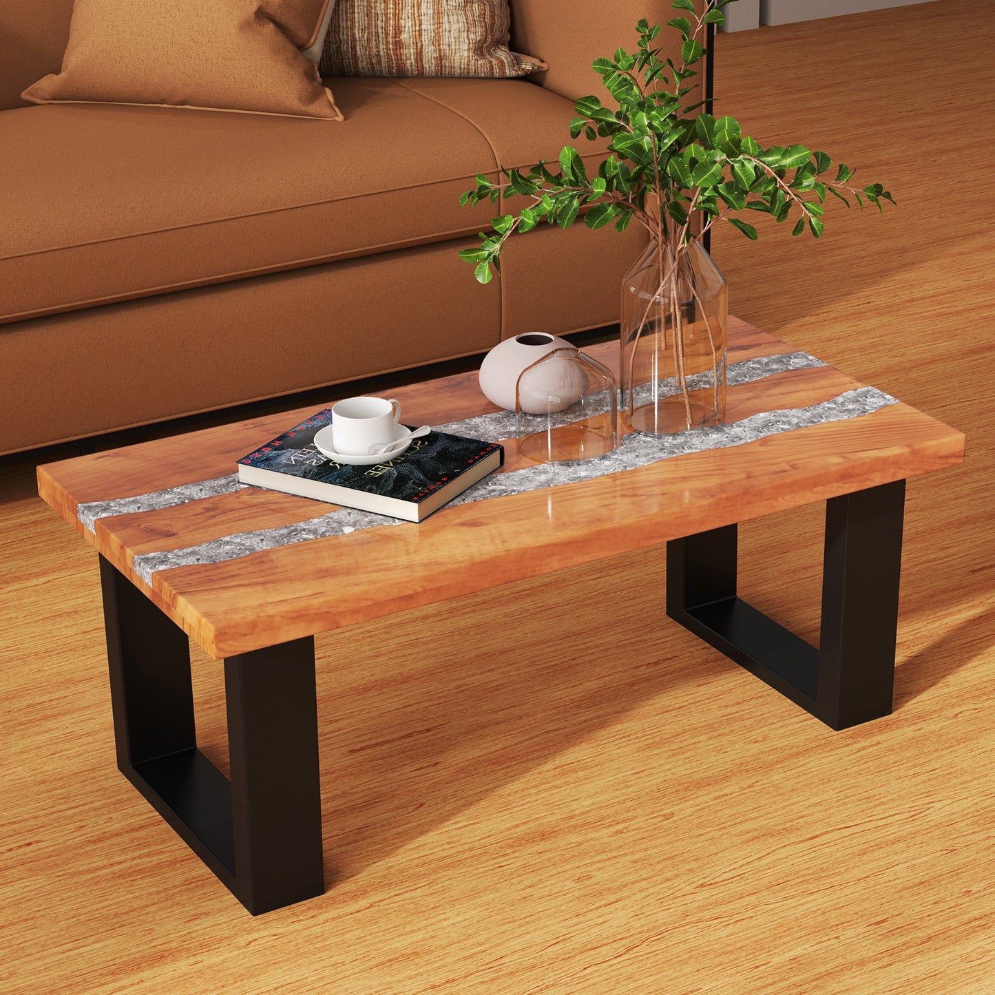 Natural Teak Wood Patio Table with River Style Epoxy Resin Tabletop
