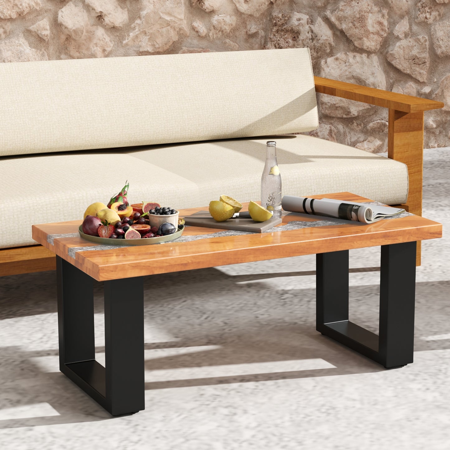 Natural Teak Wood Patio Table with River Style Epoxy Resin Tabletop