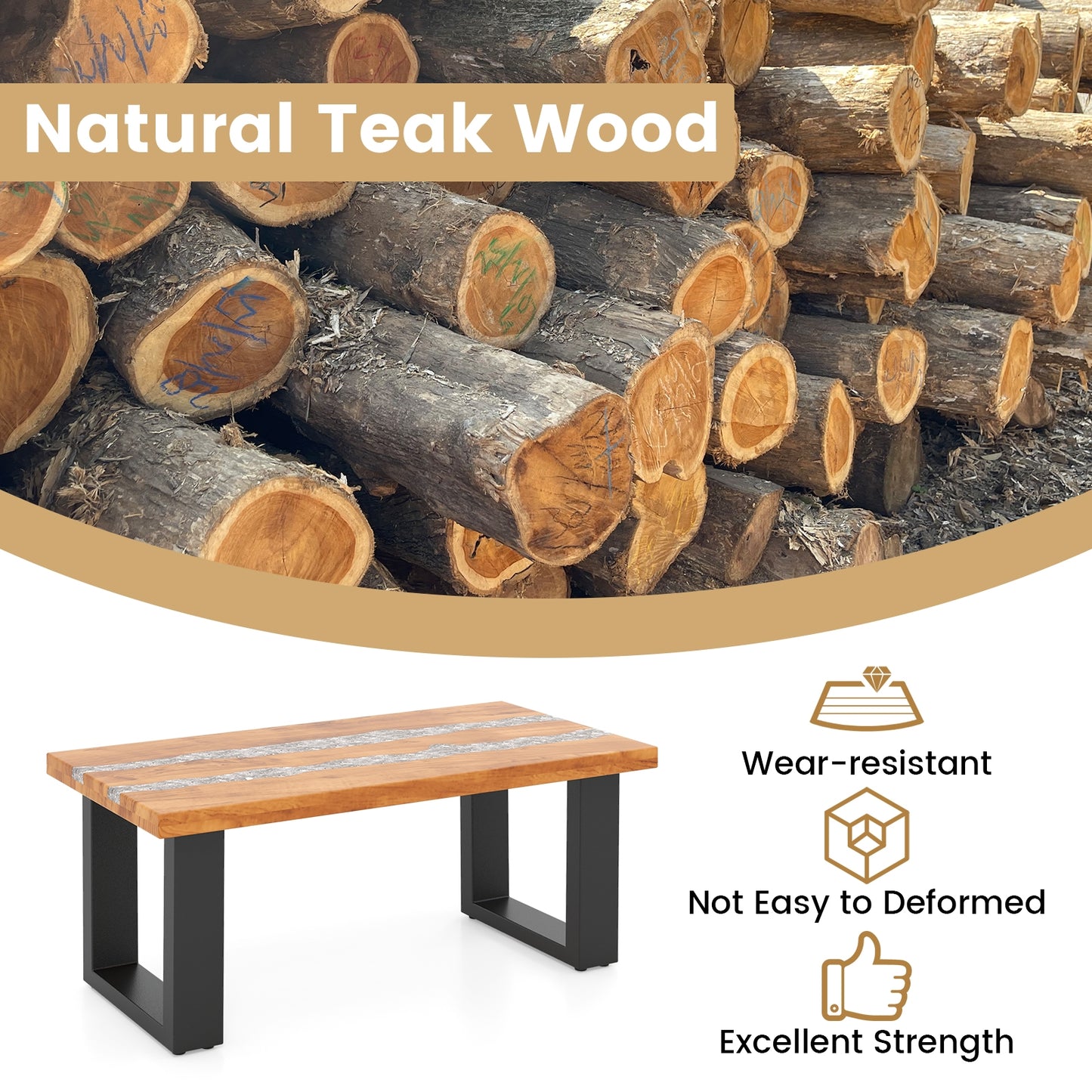Natural Teak Wood Patio Table with River Style Epoxy Resin Tabletop