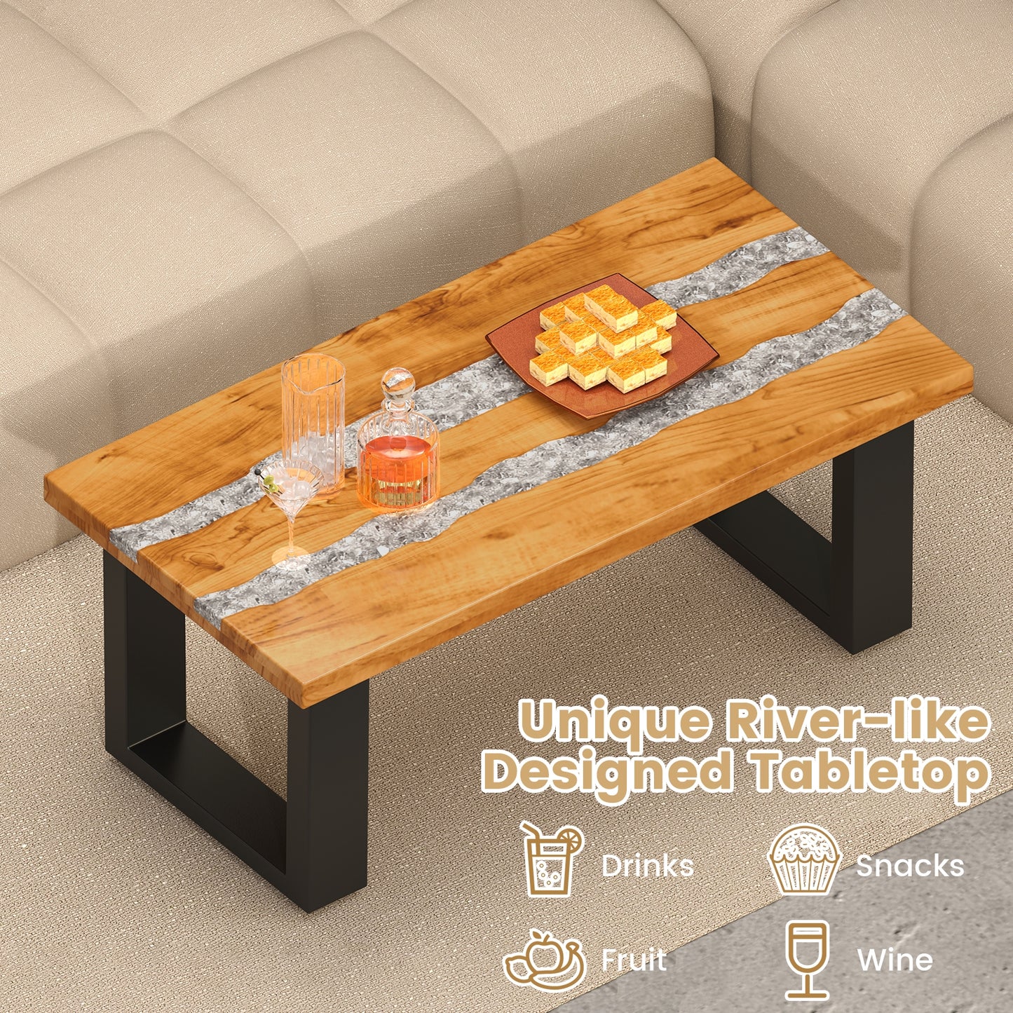 Natural Teak Wood Patio Table with River Style Epoxy Resin Tabletop