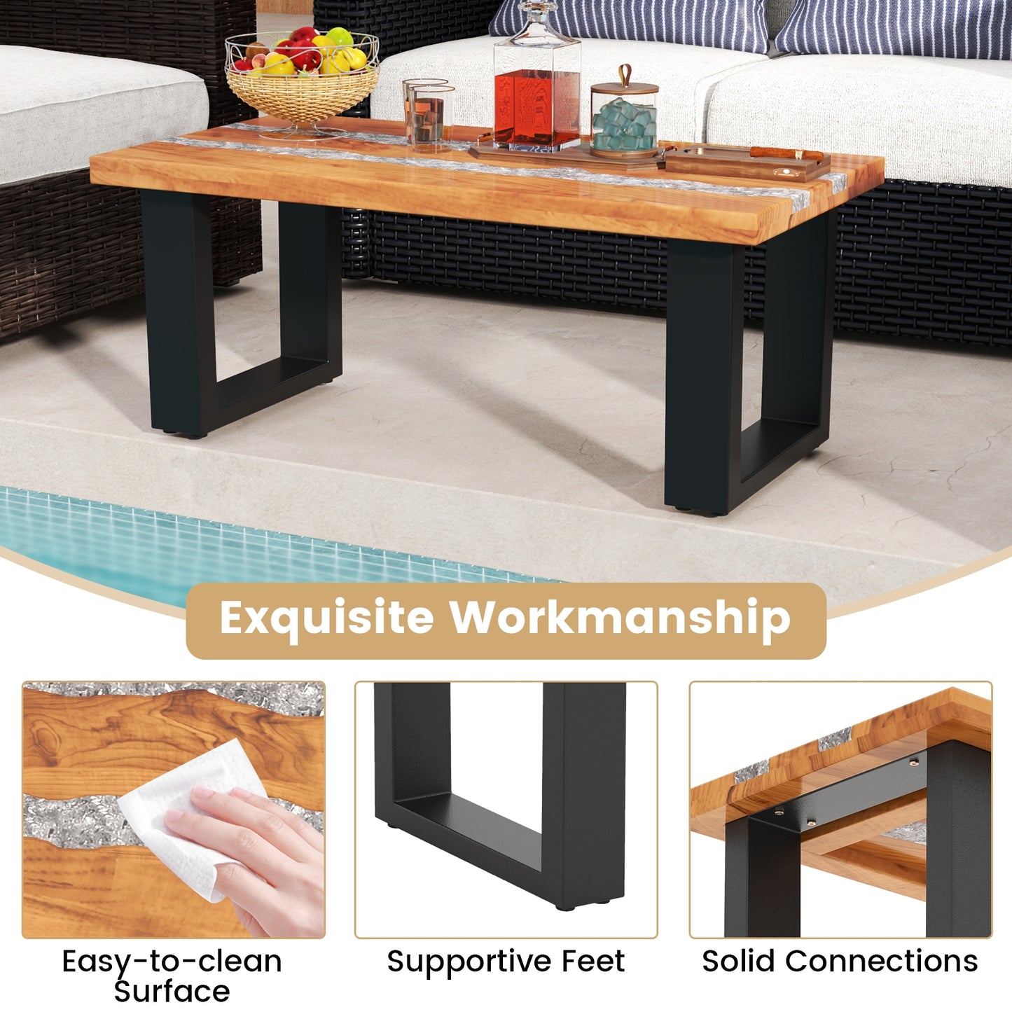 Natural Teak Wood Patio Table with River Style Epoxy Resin Tabletop