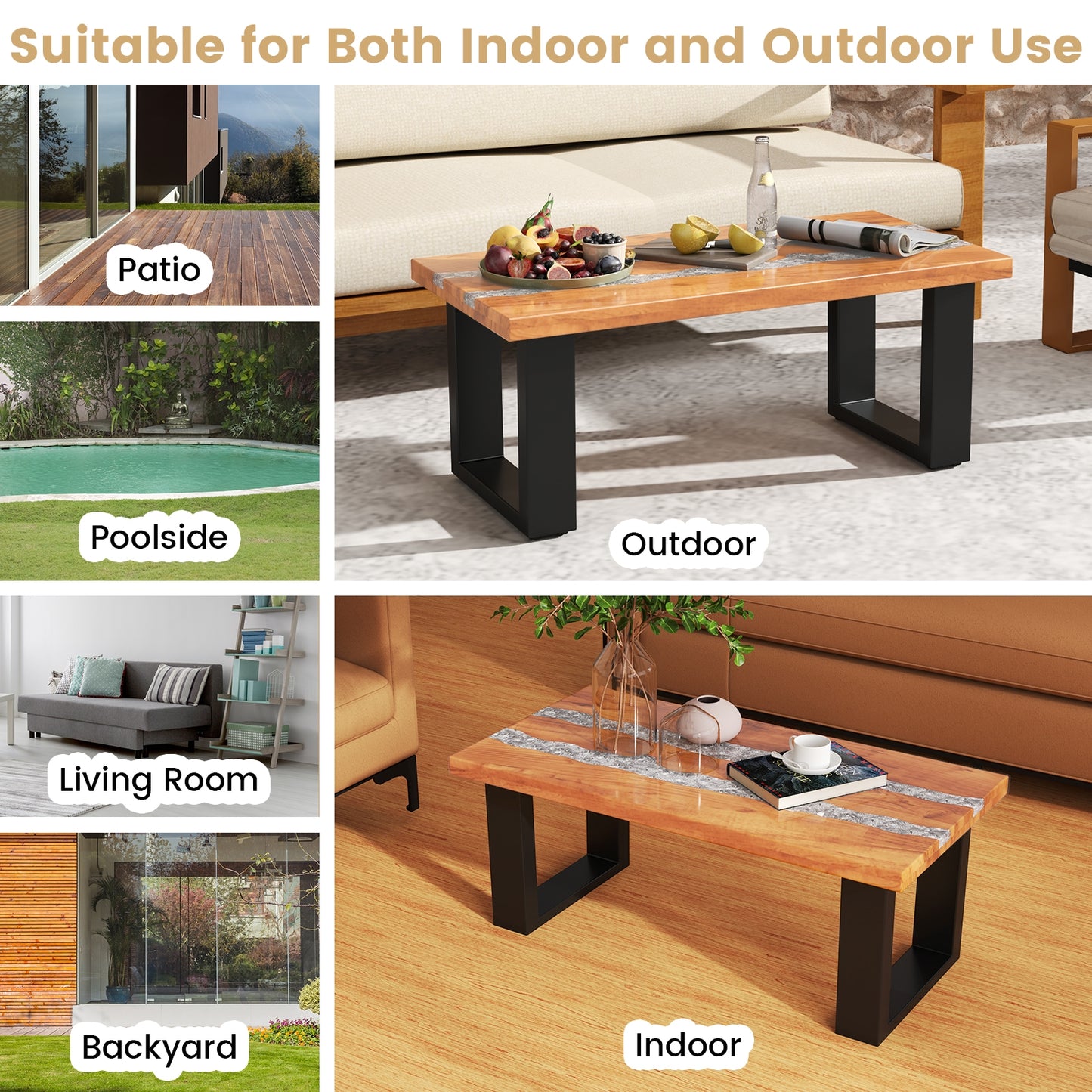 Natural Teak Wood Patio Table with River Style Epoxy Resin Tabletop