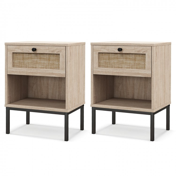 Boho Rattan Nightstand with Drawer and Open Shelf - Oak End Table